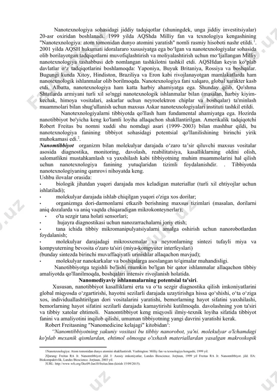 da xilma-xil tadqiqotlar oilasini ifodalaydi - kimyoviy kataliz, nanomachinlarni yaratish bo'yicha tajribalar, molekulyar darajadagi mikroelektronika, materiallarni nanotexnologik ishlab chiqarish va boshqalar. konvergent texnologiyalardan biri sifatida nanotexnologik soha. , fan va texnikaning turli sohalarining integratsiyalashuvini yaqqol namoyon etadi. nanoengineeringning tug'ilishi bir qator texnik yutuqlar, jumladan, atom darajasida to'g'ridan-to'g'ri manipulyatsiyani qo'llab-quvvatlaydigan tunnel skanerlash mikroskopining ixtirosi bilan bog'liq. nanotexnologiya sohasidagi jiddiy tadqiqotlar (shuningdek, unga jiddiy investitsiyalar) 20-asr oxiridan boshlanadi. 1999 yilda aqshda milliy fan va texnologiya kengashining "nanotexnologiya: atom tomonidan dunyo atomini yaratish" nomli rasmiy hisoboti nashr etildi.[footnoteref:1]. 2001 yilda aqsh hukumati idoralararo xususiyatga ega boʻlgan va nanotexnologiyalar sohasida olib borilayotgan tadqiqotlarni muvofiqlashtirish va moliyalashtirish uchun moʻljallangan milliy nanotexnologiya tashabbusi deb nomlangan tashkilotni tashkil etdi. aqshdan keyin koʻplab davlatlar oʻz tadqiqotlarini boshlamoqda: yaponiya, buyuk britaniya, rossiya va boshqalar. bugungi kunda xitoy, hindiston, braziliya va eron kabi rivojlanayotgan mamlakatlarda ham nanotexnologik ishlanmalar olib borilmoqda. nanotexnologiya fani xalqaro, global xarakter kasb etdi. albatta, nanotexnologiya ham …