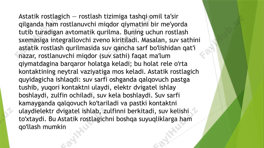 itsion. qo’llaniladigan energiyaning ko’rinishiga ko’ra rostlagichlar elektrik (elektromexanik, elektron), pnevmatik (http://hozir.org/birinchi-pnevmatik-vositalar-tarixi-pnevmatik-havo-nasoslari-v.html), gidravlik i kombinatsiyalashgan rostlagichlarga bo’linadi. pnevmatik va gidravlik rostlagichlar asosan yong’in va pojar xavfi mavjud (http://hozir.org/5--amaliy-ish-mavzu-axborot-xavfsizligi-xavfini-tahlil-qilish.html) pd rostlagichli tizimni qaraymiz (http://hozir.org/1-tizimni-sinflanishi-tizimni-barcha-xususiyatlari-boyicha-sin.html) qo’llaniladigan energiyaning ko’rinishiga ko’ra rostlagichlar elektrik (elektromexanik, elektron), pnevmatik (http://hozir.org/birinchi-pnevmatik-vositalar-tarixi-pnevmatik-havo-nasoslari-v.html), gidravlik i kombinatsiyalashgan rostlagichlarga bo’linadi. pnevmatik va gidravlik rostlagichlar asosan yong’in va pojar xavfi mavjud (http://hozir.org/5--amaliy-ish-mavzu-axborot-xavfsizligi-xavfini-tahlil-qilish.html) pd rostlagichli tizimni qaraymiz (http://hozir.org/1-tizimni-sinflanishi-tizimni-barcha-xususiyatlari-boyicha-sin.html) xatolikni minimizatsiyalashtirish tushunchasidan (http://hozir.org/elektr-maydon-kuchlanganlik-vektorining-oqimi-gauss-teoremasi-v2.html), k1 formula bo’yicha aniqlanadi: tsыpkin usulida (eng yaxshi tezkorlik usuli) rostlagichning ikkinchi koeffitsienti quyidagi ko’rinishda izlanadi: ikkinchi koeffitsient doira usulida (modulning maksimumi usuli) quyidagicha izlanadi (http://hozir.org/yechim-turgun-ustuvor.html) berilgan ishda bu ikki usulni tadqiq qilish va berilgan tizimning sifat parametrlarini yaxshilash uchun ko’proq qaysi usul mos kelishini aniqlash talab etiladi. 3. amaliy qism. variantga mos ravishda uzatish funktsiyasi yordamida tizimga pd rostlagichning ta’sirini o’rganamiz /docprops/thumbnail.jpeg