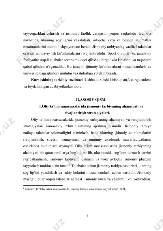 o‘zaro muloqot va jamoaviy ish ko‘nikmalarini ham rivojlantiradilar. oliy ta'lim muassasalarida jismoniy tarbiyaning rivojlantirish strategiyalari ko‘plab jihatlardan iborat. birinchi navbatda, jismoniy tarbiya dasturlarini yanada zamonaviylashtirish va ularni talabalar ehtiyojlariga moslashtirish zarur. bu jarayon, o‘z navbatida, innovatsion texnologiyalarni qo‘shish, yangi uslublar va metodlarni ishlab chiqish orqali amalga oshirilishi mumkin. jismoniy tarbiyani rivojlantirishda muhim ahamiyatga ega bo‘lgan yana bir jihat, o‘quv jarayonida o‘quvchilarning faol ishtirokini ta'minlashdir. oliy ta'lim muassasalarida jismoniy tarbiyani rag‘batlantirish uchun turli xil sport musobaqalari, festival va boshqa tadbirlarni tashkil etish lozim. bu tadbirlar talabalar o‘rtasida raqobatni kuchaytiradi, ularning motivatsiyasini oshiradi va jismoniy faoliyatga bo‘lgan qiziqishni yanada orttiradi. shuningdek, jismoniy tarbiyaning ahamiyatini oshirish uchun ishlab chiqilgan faoliyatlar, talabalarni jismoniy jihatdan tayyorlashda muhim rol o‘ynaydi. ushbu faoliyatlar orqali talabalar o‘zlarini jismoniy jihatdan sinab ko‘rishlari, yangi ko‘nikmalarni o‘rganishlari va o‘z salomatliklarini yaxshilashlari mumkin. oliy ta'lim muassasalari o‘quv jarayonida jismoniy tarbiyani qo‘llab-quvvatlash uchun malakali trenerlar va o‘qituvchilarni jalb qilishlari ham muhimdir. ularning bilim …