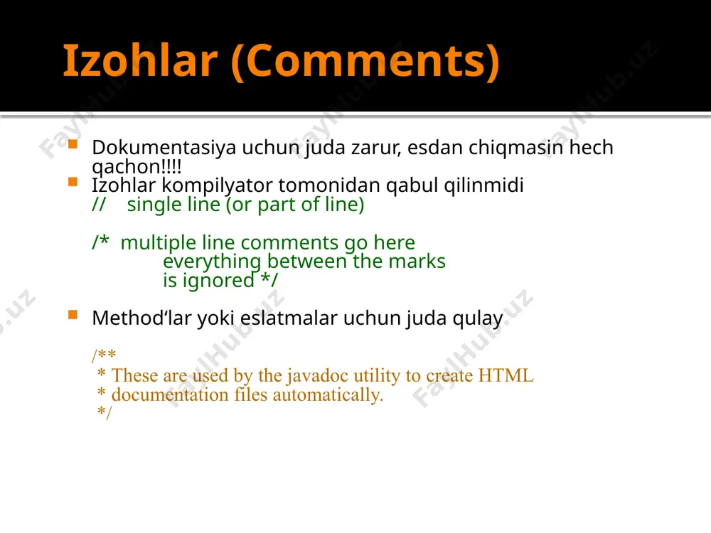 ift right va o’zlashtiradi 6 bitlar ustida amallar a b ~a a & b a | b a ^ b 1 1 0 1 1 0 1 0 0 0 1 1 0 1 1 0 1 1 0 0 1 0 0 0 bitlar ustida amallarga not 0111 (decimal 7) = 1000 (decimal 8) 0101 (decimal 5) or 0011 (decimal 3) = 0111 (decimal 7) 0101 (decimal 5) xor 0011 (decimal 3) = 0110 (decimal 6) 0101 (decimal 5) and 0011 (decimal 3) = 0001 (decimal 1) 00010111 left-shift = 00101110 00010111 right-shift = 00001011 - if - switch - for - while - do … while - access modifiers - static - method overloading - contructor java: operator if operatori if (shart) { buyruqlar } if (shart) { buyruqlar } else { buyruqlar } if (shart) { // buyruqlar } else if (shart2) { // buyruqlar } ... …