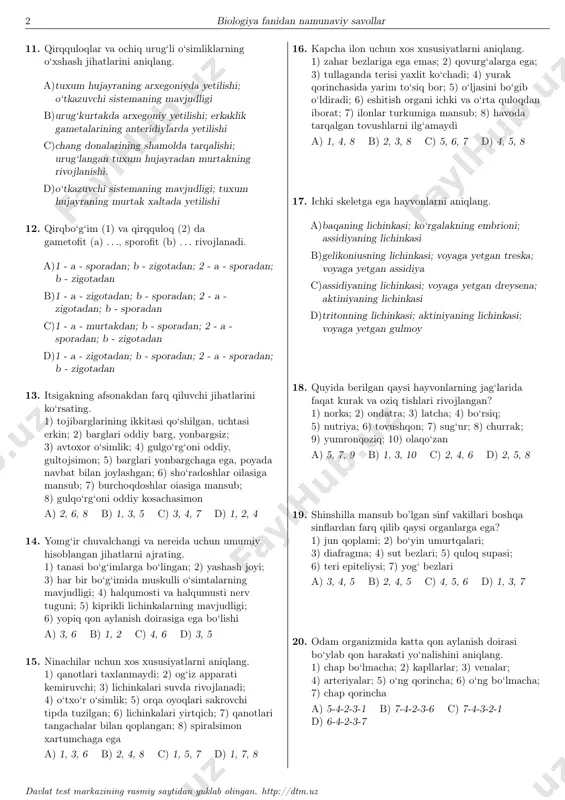 4 c) 1, 3, 4 d) 2, 5, 6 7. gen mutatsiyalari sodir bo‘lishining sababini aniqlang. a)yadroda xromosoma sonining o‘zgarishi; xromosoma tuzilmasining o‘zgarishi b)autosomada genlar joylashuvi ketma-ketligining o‘zgarishi, bitta nukleotidning boshqa nukleotid bilan almashinuvi c)xromosoma tuzilmasining o‘zgarishi, dnk da ayrim genlarning o‘zgarishi d)bir nukleotidning boshqa nukleotid bilan almashinuvi, gendagi nukleotidlar izchilligining o‘zgarishi 8. o‘simliklarning kelib chiqish markazlarini aniqlang. a) sharqiy osiyo markazi; b) janubiy osiyo tropik markazi; c) o’rta yer dengizi markazi; d) markaziy amerika; e) janubiy-g’arbiy osiy markazi; 1) sholi; 2) beda; 3) tariq; 4) kakao; 5) soya; 6) kartoshka; 7) zig‘ir; 8) loviya a)a - 3; b - 1; c - 2; d - 8; e - 7 b)a - 5; b - 1; c - 3; d - 6; e - 7 c)a - 3; b - 5; c - 2; d - 4; e - 8 d)a - 5; b - 3; c - 2; d …