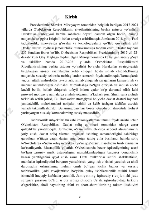 ektron axborot almashinuvini joriy etish, davlat soliq xizmati organlari ishining samaradorligini oshirishga qaratilgan o‘ttizga yaqin dastur amaliyotga tatbiq etila boshlandi hamda soliq to‘lovchilarga o‘ndan ortiq interaktiv, ya’ni qog‘ozsiz, masofadan turib xizmatlar ko‘rsatilayotir. mustaqillik yillarida o‘zbekistonda bozor iqtisodiyotining asosi bo‘lgan xususiy mulk ustuvorligini mustahkamlaydigan barqaror qonunchilik bazasi yaratilganini qayd etish zarur. o‘rta mulkdorlar sinfini shakllantirish, mamlakat iqtisodiyotini barqaror yuksaltirish, yangi ish o‘rinlari yaratish va aholi daromadini oshirishning muhim omili bo‘lgan kichik biznes va xususiy tadbirkorlikni jadal rivojlantirish bo‘yicha qulay ishbilarmonlik muhiti hamda ishonchli huquqiy kafolatlar yaratildi. jamiyatning iqtisodiy rivojlanishi juda serqirra jarayon bo'lib, u o'z ichigaiqtisodiy o'sish, iqtisodiyotdagi tarkibiy o'zgarishlar, aholi hayotining sifati va shart-sharoitlarining takomillashuvini oladi. u hech qachon bir tekis, yuqorilab boruvchichiziq bo'yicha ro'y bermaydi. iqtisodiy rivojlanish o'z ichiga yuksalish va inqirozdavrlarini, iqtisodiyotdagi miqdor va sifat o'zgarishlarni, ijobiy va salbiy tomonlarniolib notekis boradi.milliy iqtisodiyotda iqtisodiy rivojlanish qiyin aniqlanadiganjarayon bo'lganligi sababli, uning mezonlaridan biri bo'lgan iqtisodiy o'sish ko'proqtahlil qilinadi. iqtisodiy …