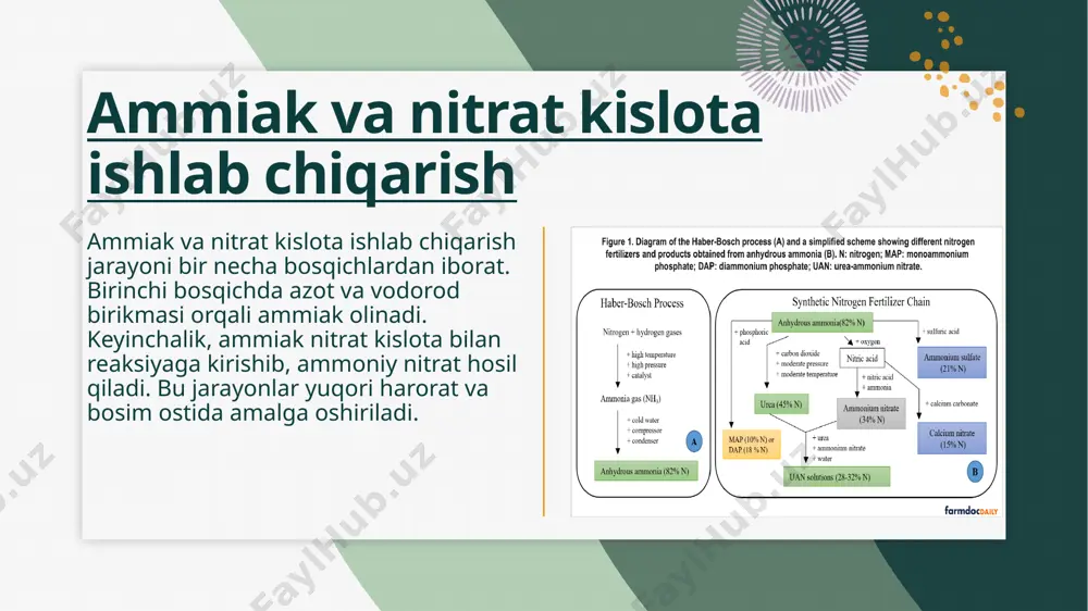 itlar mavjud? fosforli o‘g‘itlar qaysi tuproqlarda ishlatiladi? tabiiy fosfat jinslari qanday ishlatiladi? fosfor o‘simliklar uchun foydali. o‘g‘itlar hosildorlikni oshiradi. ular turli shaklda bo‘ladi (kukun, granul). ammiak va nitrat kislota ammiak va nitrat kislota ishlab chiqarish jarayonlari ekologik jihatdan ham muhimdir. ularning to'g'ri ishlatilishi tuproq unumdorligini oshirishga va qishloq xo'jaligida samaradorlikni yaxshilashga yordam beradi. nitrat kislota, ammiakdan keyin, qishloq xoʻjaligida eng ko'p ishlatiladigan oʻgʻit hisoblanadi. u o'simliklar uchun tez so'riladigan azot manbai bo'lib xizmat qiladi, bu esa ularning o'sishini tezlashtiradi. ammiak kaliyli oʻgʻitlar ishlab chiqarishda muhim rol o'ynaydi. u o'simliklar uchun zarur bo'lgan azotni ta'minlaydi va ularning o'sishiga yordam beradi. ammiakli selitra esa ammiak va nitrat kislota aralashmasidan hosil bo'ladi. nitrat kislota ishlab chiqarish jarayoni nitrat kislota ishlab chiqarish jarayoni asosan ammiak va kislorod bilan bog'liq. bu jarayon, ammiakni oksidlashtirish orqali nitrat kislota hosil qilishni o'z ichiga oladi. odatda, bu jarayon katalizatorlar yordamida amalga oshiriladi va yuqori harorat va bosim talab …