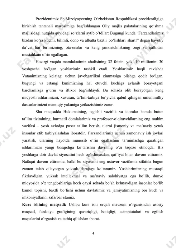 mda qavariqligini tekshirish mumkin. 𝑓(𝑥) funksiya (𝑎, 𝑏) intervalda aniqlangan bo’lib, bu intervalda chekli 𝑓′(𝑥) hosilaga ega bo’lsin. 4- teorema. f (x) funksiya (𝑎, 𝑏) interval botiq (qat’iy botiq) bo’lishi uchun uning 𝑓′(𝑥) hosilasi (𝑎, 𝑏) da o’suvchi (qatiy o’suvchi) bo’lishi zarur va yetarli. isbot. zarurligi. 𝑓(𝑥) funksiya (𝑎, 𝑏) da botiq bo'lsin. demak, ∀𝑥1 ∈ (𝑎, 𝑏), ∀𝑥2 ∈ (𝑎, 𝑏), 𝑥1 𝑓′(𝜉1) ⩾ 𝑓′(𝑥1). demak, 𝑓′(𝑥1) 𝑓′(𝜉2)) tengsizlik o’rinli bo’ladi. u holda (7) va (8) munosabatlardan 𝑓(𝑥) − 𝑓(𝑥1) 𝑓(𝑥2) − 𝑓(𝑥) 𝑓(𝑥) − 𝑓(𝑥1) 𝑓(𝑥2) − 𝑓(𝑥) 𝑥 − 𝑥1 ⩽ ( 𝑥2 − 𝑥 𝑥 − 𝑥1 0) bo’lsin. bu funksiya uchun 𝑓′′(𝑥) = = − 1 𝑥2 bo’lib, 𝑓′′(𝑥) 0 funksiya (0, +∞) intervalda botiq bo’ladi. ushbu 𝑓(𝑥) = ln 𝑥 funksiyaning qavariqligidan bitta tengsizlikni keltirib chiqaramiz. funksiyaning botiqligi ta’rifidan 𝑥1 ∈ (0, +∞), 𝑥2 ∈ (0,, +∞) lar uchun 𝛼1 ⩾ 0, 𝛼2 ⩾ …