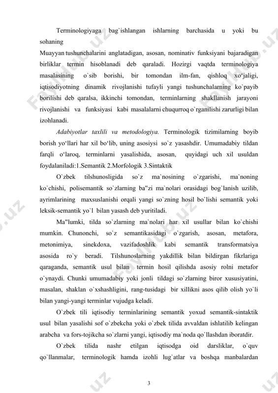 o`zbekcha yoki o`zbek tilida avvaldan ishlatilib kelingan arabcha va fors-tojikcha so`zlarni yangi, iqtisodiy ma`noda qo`llashdan iboratdir. o`zbek tilida nashr etilgan iqtisodga oid darsliklar, o`quv qo`llanmalar, terminologik hamda izohli lug`atlar va boshqa manbalardan to`plangan misollarni tahlil qilib chiqib, o`zbek tili leksikasining qator qatlamlaridan olingan leksik birliklar iqtisodiy terminlarga aylanganligining guvohi bo`lamiz. bu o`rinda mazkur so`zlarning ma`nosi o`zgargan yoki ko`chma ma`noda qo`llangan. o`zbek iqtisodiy terminlarning ma‟lum qismini tashkil qiluvchi bunday birikma terminlar boshqa sohalarda bo`lganidek, tushunchalarni mantiqan to`g`ri, mazmunan va grammatik jihatdan to`g`ri ifodalashda birikmaning semantik transformatsiyaga uchragan ikkinchi qismining ahamiyati kattadir. shu narsa ayon bo`ldiki, iqtisodiyot terminologiyasida butun nomini anglatuvchi terminlarga qaraganda, uning qismlarini anglatuvchi terminlar kamroq ekan. ma‟lumki, muayyan terminologik tizim yoxud umumiste‟moldagi ma`nosi ko`chirilgan leksemalar boshqa sohaning “mulki”ga aylanar ekan yakka holatda ham, ma‟lum so`zlar qurshovida (ya‟ni birikma tarkibida) ham shu sohaga doir tushunchalarni ifodalay oladi. masalan, shunday bir tushunchani olib ko`raylik: “qimmatbaho qog`ozlar, valyuta, tovar narxining pasayishidan foydalanuvchi …