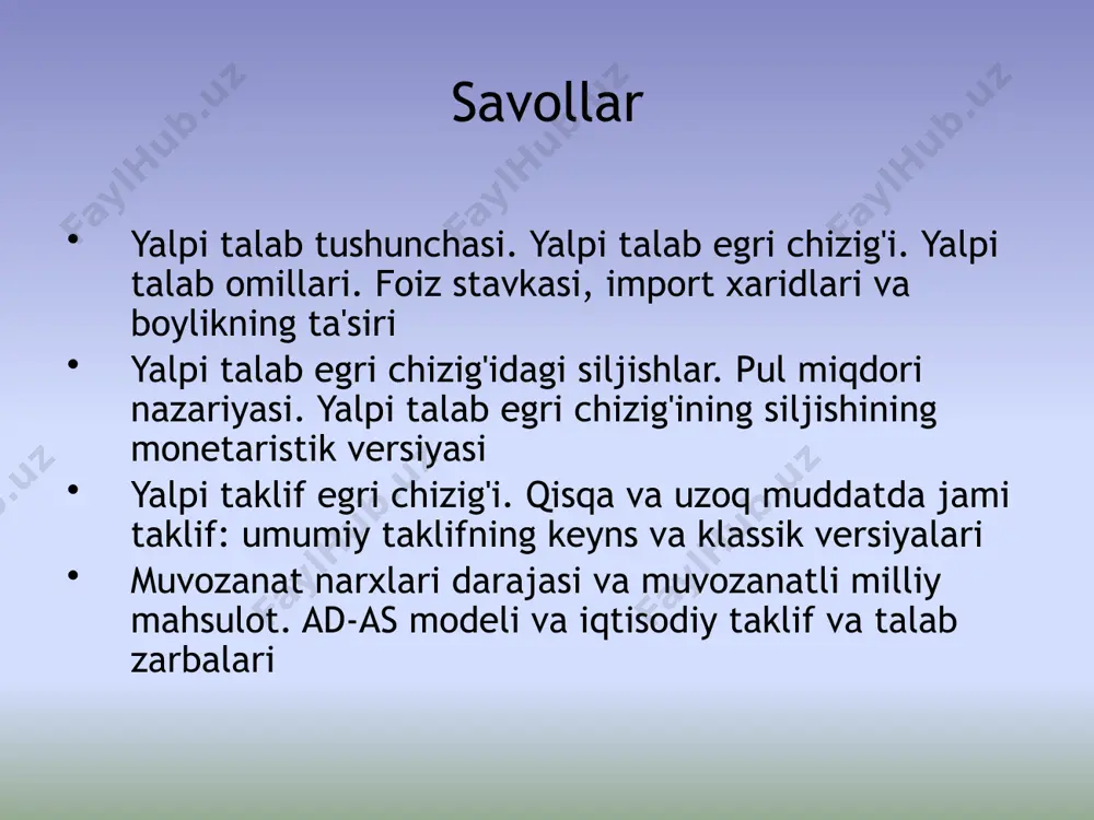 ining o'zgarishi tufayli o'zgarmas bo'lib qoladi (agar ba'zi tovarlarning narxi oshgan bo'lsa, unda bu tovarlar bilan bog'liq bo'lgan odamlarning daromadlari oshdi) xulosa: biz ad egri chizig'ining manfiy qiyaligini individual tovarga bo'lgan talab egri chizig'ining manfiy qiyaligi bilan oqlay olmaymiz. yalpi talab egri chizig'ining manfiy qiyaligini tushuntirish foiz stavkasi ta'siri boylik (yoki haqiqiy pul balansi) ta'siri import xaridlarining ta'siri yalpi talabning turli tarkibiy qismlari - iste'mol, investitsiyalar, tovarlar va xizmatlarni davlat xaridlari; sof eksport) salbiy nishab uchun boshqa tushuntirishlar (pulning miqdor nazariyasi) foiz stavkasi ta'siri doimiy muomaladagi pul miqdori bilan narxlarning oshishi ortadi pulga bo'lgan talab va demak, puldan foydalanish narxi (stavka foizi) foiz stavkalarining oshishi pasayadi iste'mol xarajatlari, chunki iste'mol krediti arzonlashadi va qimmatli qog'ozlar va bank depozitlariga investitsiya qilish jozibadorligi oshadi. investitsiya xarajatlari, chunki rejalashtirilgan investitsiya loyihalarining bir qismining rentabelligi investitsiya krediti uchun foizlardan past bo'ladi ehtimol davlat ssudalarini qimmatroq qilish orqali davlat xarajatlari sof eksport, chunki yuqori foiz …