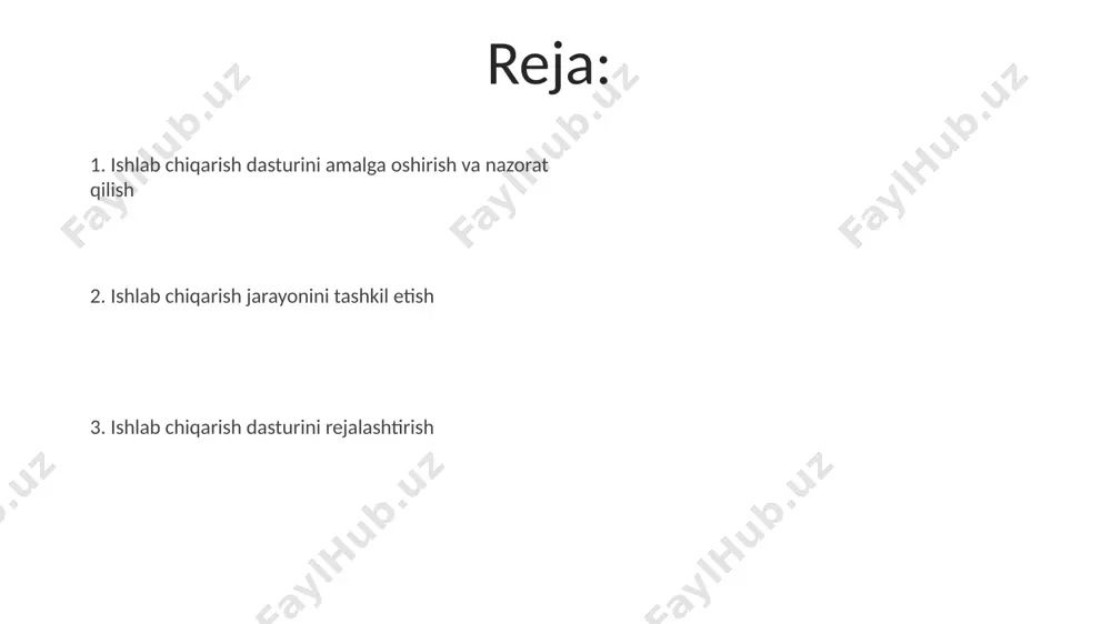 ari ikkinchi bosqichda ishlab chiqarish hajmi va resurslarni (xo'm ashyo, ishchi kuch, uskunalar) rejalashtirish amalga oshiriladi, bu 10-15% zahira hisobiga olinishi kerak. korxona ishlab chiqarish dasturini ishlab chiqishning birinchi bosqichi bozor tadqiqoti va talab tahlilini, ya'ni 3-5 ta asosiy mahsulot turini aniqlashni o'z ichiga oladi. bozor tahlili va talabni prognozlash sotish hajmining o'sish sur'atini prognozlashda eksponentsial silliqlash usuli yordamida o'rtacha yillik o'sish koeffitsienti 1.15 ga teng bo'lgan prognoz qilish mumkin. mijozlarning xarid qobiliyati va afzalliklarini o'rganish uchun 500 ta respondentni qamrab oluvchi so'rovnoma natijalari talabni aniq prognoz qilish imkonini beradi. ishlab chiqarish jarayonini loyihalash ishlab chiqarish jarayonini loyihalashda, 5s tizimi (saralash, joylashtirish, tozalash, standartlashtirish, saqlash) samaradorlikni 30% ga oshirishga yordam beradi va xatoliklar sonini 15% ga kamaytiradi. loyihalash bosqichida, o'rtacha 7-10 ta jarayon parametrini optimallashtirish orqali, mahsulot sifatini 20% ga yaxshilash va ishlab chiqarish vaqtini 10% ga qisqartirish mumkin. texnologiya tanlash va qo'llash автоматизация ва рақамлаштириш технологияларини қўллаш орқали ишлаб …