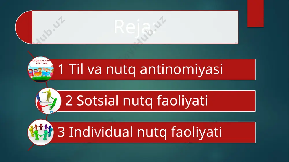 xos xususiyatlar bir- biridan ajratib turadi: 1 til aloqa materiali - nutq esa aloqa formasidir. 2 tilni xalq yaratadi, nutqni esa har bir shaxs yaratadi. 3 tilning ‘ayoti uzoq, xalq ‘ayoti bilan bog’liq, nutqning ‘ayoti qisqa, u aytilgan vaqtda mavjud. 4 tilning ‘ajmi noaniq - nutqning ‘ajmi aniq: dialog, monolog shakllarida bo’lishi mumkin. 5 til turg’un, statik ‘odisa, nutq harakatda bo’luvchi dinamik ‘odisa. 6 ayrim shaxsning ayni zamonda bir necha tili bo’lishi mumkin, yaoni bir necha tilni bilishi mumkin, chunki u vaqt va o’rin bilan bevosita bog’lanmagan. ayrim shaxsning nutqi ayni zamonda faqat bitta bo’ladi, chunki u maolum vaqtda va maolum o’rinda yuz beradi. shunday qilib, tilning ijtimoiy mohiyati quyidagilardan iborat: 1 til tabiiy ‘odisa emas. 2 til biologik ‘odisa emas. 3 til irqiy ‘odisa emas. 4 til sinfiy ‘odisa emas. 5 tilning paydo bo’lishi uchun kishilik jamiyati bo’lishi shart. v.gumboldtning til va nutq antinomiyasi, ularning farqlanishi, til va nutqning …
