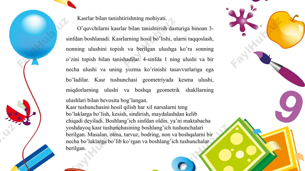 svirlanadi, u berilgan sondagi teng bo’laklarga bo’linadi, ulushi belgilanadi, so’ngra yechishni og’zaki yoki yozma bajaradi. masalan, 1/2 m da, 1/4 m da, 1/5 m da necha sm bor? 1/2 soatda, 1/5 soatda, 1/6 soatda necha minut bor? vaqt o’lchovlarini o’rganayotganda nima uchun "bir yarim", "chorak kam 10" deb aytilishlarini tushuntirishlari kerak. aksincha, sonning ulushiga qarab sonning o’zini topishga ham katta e’tibor beriladi. masalan, "tu-104" samolyot 1/3 minutda 5 km uchadi. 1 minutda necha km uchadi? 1/3 qismi 5 km bo’lgan son necha? 5•3=15 km 2. keyinchalik, sonni uning ulushi bo’yicha topishga doir masalalar bilan sonning ulushini topishga doir masalalar aralashtirib kiritiladi. 3-sinfda ulushni va ulushga qarab sonni topishga doir faqat sodda masalalar, 4-sinfda esa murakkab masalalar yechdiriladi. kasrlarni o’rganish metodikasi. "ulushlar" mavzusiga asoslangan holda kasrlarning hosil bo’lishi bilan 4-sinfda tanishtiriladi. bu yerda ham ko’rgazma qurol bilim berishning bosh mezoni bo’ladi. narsalarni, shakllarni va boshqa atrofdagilarni teng bo’laklarga bo’lish va shu …