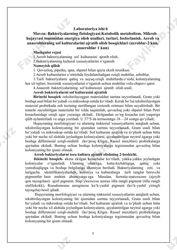 hi pigmentlar ham muhim ahamiyatga ega. masalan, serratia marcescens (ajoyib qon tayoqchasi) qizil pigment, stap’ylococcus aureus tilla rangli pigment (tilla rangli stafilokokk), rseudomonas aeruginosa ko‘k-yashil pigment (ko‘k-yashil yiringli tayoqcha) hosil qiladi. hujayraning morfologiyasi va ularning tinktorial xususiyatlarini aniqlash uchun, tekshirilayotgan koloniyaning bir qismidan surtma tayyorlanadi, gram usuli bilan bo‘yaladi va mikroskop ostida ko‘riladi. sof kulturani ajratish va to‘plash uchun bitta yoki bir necha xil alohida joylashgan koloniyalarni, qiyalantirilgan neytral agarga yoki boshqa differensial oziqli-muhitli (ko‘proq kliger, rassel muxitlari) probirkalarga qaytadan ekiladi. buning uchun boshqa koloniyalarga tegizmasdan qovuzloq bilan koloniyaning bir qismi olinadi. bakteriyalarning biokimyoviy xususiyatlari ma’lum zotga, turga, variantga xos bir qator konstitutiv va indutsibelli fermentlar bilan belgilanadi. bakteriologik amaliyotda bakteriyalarning saxarolitik va proteolitik belgilari taksonomik ahamiyatga ega bo‘lib, differensial-diagnostik muhitlarda aniqlanadi. bakteriyalarni biokimyoviy xususiyatlarini differensial-diagnostik maqsadda o‘rganish. bakteriyalarni biokimyoviy aktivligi turli darajada bo‘lib, ular tarkibidagi fermentlariga bog‘liqdir. bakteriologik amaliyotda bakteriyalarni fermentativ xususiyatlarini aniqlash muhim ahamiyatga ega bo‘lib, bakteriya turlarini …