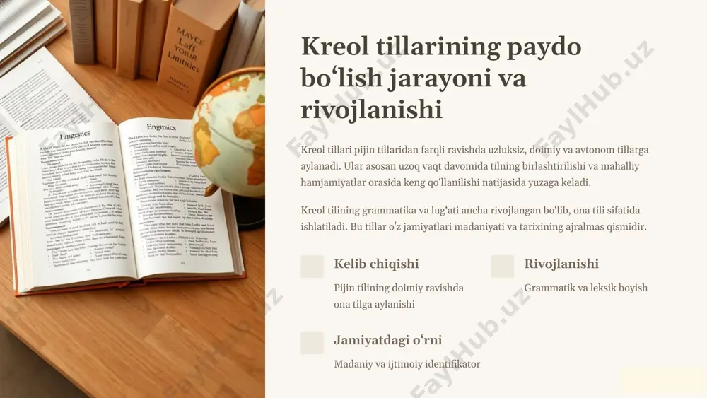 rining madaniy va milliy identifikatori hisoblanadi. ular tarixiy bosqichlarda kolonializm yoki savdo jarayonlaridan keyin shakllangan bo‘lib, bugungi kunda ona tili sifatida yashab kelmoqda. bu tillar adabiyot, musiqa va boshqa madaniy sohalarda jonli ravishda qo‘llanilib, jamiyatni birlashtiruvchi rol o‘ynaydi. ona tili davomiy va doimiy til madaniyat identifikatsiya va faxr belgisi yozuv va sanat adabiyot va musiqa tillari 7 tillar o‘rtasidagi ta’sir va aralashmalar pijin va kreol tillari ko‘pincha asosiy tillar bilan o‘zaro ta'sirda bo‘lib, yangi so‘zlar va grammatik shakllar hosil qiladi. bu jarayon tilning moslashuvchanligi va madaniy aloqalarda rolini oshiradi. shu bilan birga, ular ijtimoiy va siyosiy o‘zgarishlarga ham javob beradi, yangi avlodlar tomonidan integratsiyalashadi. til aralashuvi asosiy tillardan so‘z qabul qilish rivojlanish yangi grammatik qoidalar paydo bo‘lishi jamiyatdagi moslashuv yoshlar tomonidan qabul qilinishi 8 pijin va kreol tillarini o‘rganishning ilmiy ahamiyati bu tillarni o‘rganish tilshunoslik, antropologiya va tarix sohalarida muhimdir. ular tilning shakllanishi, ijtimoiy ahamiyati va madaniy integratsiyasini tushunishga yordam …