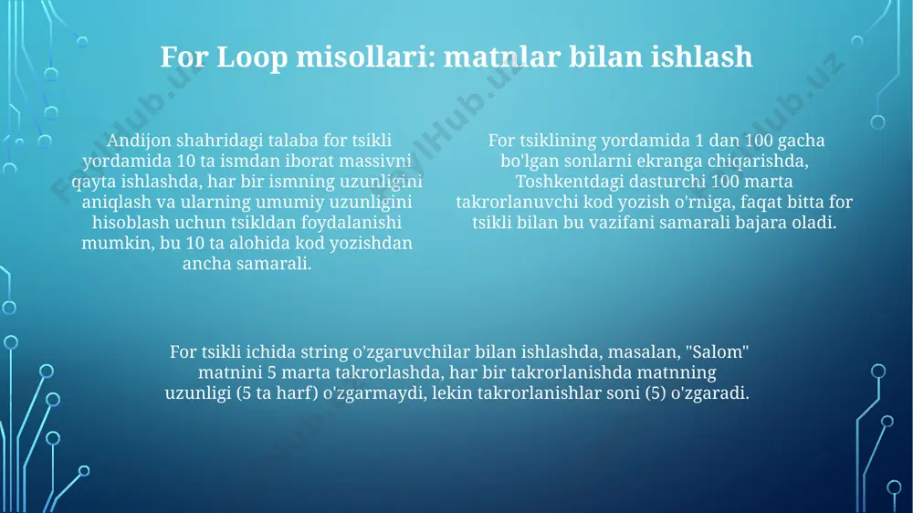 a imkon beradi, masalan, 0 dan 10 gacha sonlarni qayta ishlashda, har bir iteratsiyada indeksning qiymatini aniq bilasiz, bu esa 10 ta elementli massiv elementlariga kirish uchun qulaydir. range-based for esa elementlarning o'ziga to'g'ridan-to'g'ri kirishni ta'minlaydi. for loop misollari: oddiy sonlarni chiqarish agar for tsiklida 2 dan 100 gacha sonlarni tekshirayotgan bo'lsak, va har bir sonning tub ekanligini aniqlash uchun 2 dan sonning kvadrat ildiziga qadar bo'lgan sonlarga bo'lish mumkinligini tekshirsak, samarqanddagi dastur 100 gacha bo'lgan barcha tub sonlar ro'yxatini hosil qiladi. for tsiklining ichida, 1 dan 15 gacha bo'lgan sonlarni tekshirish orqali, agar son 3 ga qoldiqsiz bo'linsa, u holda andijon shahrida joylashgan serverga ma'lumot yuboriladi. aks holda, keyingi songa o'tiladi va jarayon davom ettiriladi. for tsikl yordamida 1 dan 100 gacha bo'lgan sonlar orasidan faqat toq sonlarni ekranga chiqarish uchun, shart operatoridan foydalanib, har bir sonni 2 ga bo'lganda qoldiq tekshiriladi va agar qoldiq 1 ga teng bo'lsa, …