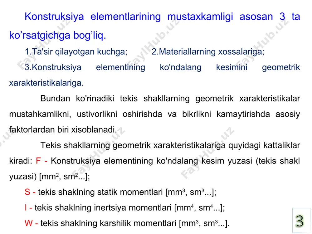 lari ix, iy, ixy, ir berilgan bulsin. bu o‘qlariga parallel bulgan va ulardan a va b masofadan o'tgan х1 , y1 o‘qlariga nisbatan f yuzaga ega bulgan tekis shaklni inersiya momentlarini topish talab qilinsin. nazariy va qurilish mexanikasi kafеdrasi bu erda bulganligi uchun nazariy va qurilish mexanikasi kafеdrasi agarda va o‘qlari shaklni ogirlik markazidan o'tgan bo'lsa bu holda formulalar ancha soddalashib, quyidagi ko'rinishga keladi (chunki sx=0; sy=0 bo'lgani uchun) misol: berilgan: h=4 sm b=2 sm, f=bh=8 sm2 nazariy va qurilish mexanikasi kafеdrasi bosh inersiya o‘qlari va bosh inersiya momentlari bosh o’qlarning vaziyati quyidagi formula orqali topiladi: nazariy va qurilish mexanikasi kafеdrasi bosh inersiya momentlari o’qlardan biriga nisbatan max bo’lsa, ikkinchisiga nisbatan min bo’ladi va qo’yidagicha topiladi: tekis shaklning har qanday simmetrik o‘qi uning bosh o‘qlaridan biri bo'ladi. agarda simmetrik o‘q bitta bo'lsa, unga perpendkulyar turgan ikkinchi o‘q ham bosh o‘q hisoblanadi. quyidagi kattaliklar tekis shaklning o‘qlarga nisbatan inersiya radiuslari deyiladi. …