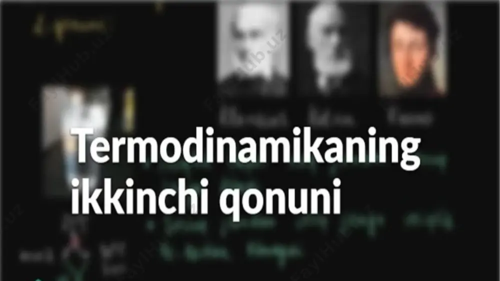 oydalanishdadir. ikkala miqdor ham birlik massa va birlik haroratga toʻgʻri keladigan issiqlik miqdorini ifodalaydi. entropiya jismoniy miqdor sifatida oʻzining mavhumligi bilan ajralib turadi, entropiyaning fizik maʼnosi bevosita uning matematik ifodasidan kelib chiqmaydi va oddiy intuitiv idrok etishga mos kelmaydi. shu munosabat orqali entropiyaning jismoniy maʼnosini tushunishga bir necha bor urinishlar qilingan. urinishlar koʻproq tushunarli tushunchalar bilan entropiya oʻxshashligini izlashga asoslangan edi. shubhasiz, bu turdagi analogiyalar sunʼiydir va ularning entropiyani talqin qilish uchun foydaliligi juda shubhali. mavzu yuzasidan atamalar entropiya- mutlaq dinamikbtushunchasi kvazistatik-kichik fizik jarayon ratcional holat- oʻzgarmaydigan holatlar kvaztatik izotermik jarayon- oʻlchov birliklarining oʻzgarishsizligi mavzu yuzasidan test savollari termodinamikaning ikkinchi i issiqlik energiyasi nimani oʻrganadi? a) yʻnalishini. b) yutulishinii c) kamayishini entropiaining nimasini aniq oʻrganadi? yoʻnalishi b) qaytishi c) uzoqlashishi 2. energiyaning saqlanish qonuni bir biriga nimani taminlaydi? aylanma. b) toʻgʻri. c) ketma-ket 3. entropiya holat funksiyasi boʻlib nimalarda qoʻllaniladi? sanoatda. b) kimyoda. c) hammasi togri 4. entropiya qachon teng …