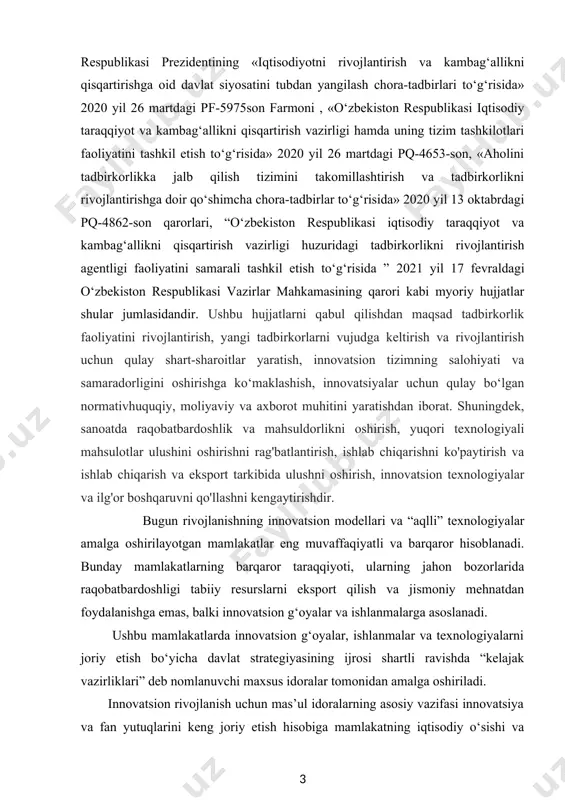 anadi. kurs ishining maqsad va vazifalari: innovatsiyalarning mohiyati.innovatsion faoliyat va uning natijalarini tijoratlashtirishning nazariy va uslubiy asoslari. o’zbekistonda innovatsiyalar va yangiliklar bozorini rivojlantirish istiqbollari haqidagi malumotlarni umumlashtirish va qisqacha tavsiflash. kurs ishi ob’yekti va predmeti: innovatsiyalar va yangiliklar bozori bugungi kun holati. iqtisodiyotni rivojlantirishdan innovatsiyalarning roli. kurs ishning tadqiqot uslubi va uslubiyoti: ilmiy ommabop manbalardan to’plangan ma’lumotlar tahlil qilib,xulosa va takliflar qilish. kurs ishi tuzilishi: bajarilgan kurs ishi kirish qismi, ikkita bob va qilingan xulosalardan iborat. ishda o’rganilishi e’tiborga olingan ma’lumotlar tushunarli ravishda ifodalash uchun chizma jadvallar va rasmlar berildi.ishga qo’yilgan maqsadga erishishi uchun to’plangan adabiyotlar manbalarning nomlari va elektron manzillari keltirildi. 1.innovatsiyalarning mohiyati.innovatsion faoliyat va uning natijalarini tijoratlashtirishning nazariy va uslubiy asoslari innovatsion konsepsiyani ilmiy muomalaga kiritgan va uning xususiyatlarini keltirgan j. shumpeter o‘zining “iqtisodiy rivojlanish nazariyasi” (theorie der wirtschaftlichen entwicklung, 1912) asarida allaqachon klassik bo‘lib qolgan “beshta odatiy o‘zgarishlarni” aniqladi[footnoteref:1]: [1: business model innovation and competitive imitation: the …