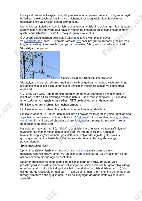 i mavjud. etti murvatli qisqich), nbn va yangi nb seriyali (menteşe tomonida joylashgan 2,3 va 4 murvatli qisqichlar). · siqiladigan qisqichlar . bosilgan qisqichlar 220-1150 kv kuchlanishli elektr uzatish liniyalarida 300 kvadrat millimetr yoki undan ortiq kesimli simlar uchun ishlatiladi. qisqich alyuminiy korpusdan va po'lat ankrajdan iborat bo'lib, langar simni ulash moslamasiga mahkamlash uchun xizmat qiladi. qisqichda mahkamlashda sim kesiladi, oraliq tomondan simning bir qismi korpusdan o'tkaziladi va langarga bosiladi, so'ngra langarli sim korpusga tortiladi, sim halqadan kiritiladi. tanaga kiradi va u bosiladi. bo'lingan tanasi bo'lgan bosiladigan qisqichlar mavjud. korpus o'tkazuvchan qismdir. eng ko'p ishlatiladigan siqish qisqichlari nas qisqichidir. · takoz qisqichlari . qisqichning ishlash printsipi maxsus takoz yordamida qisqich tanasida simning tiqilib qolishiga asoslanadi. korpus va xanjar egiluvchan quyma temirdan qilingan. bunday qisqichlarning 2 turi mavjud: nkk va nk. ncc qisqichida sim korpusdan o'tkaziladi va halqaga egiladi, uning ichiga xanjar-tumboq kiritiladi va pastadir qisqichda xanjarlanadi. nk qisqichida sim tanaga …