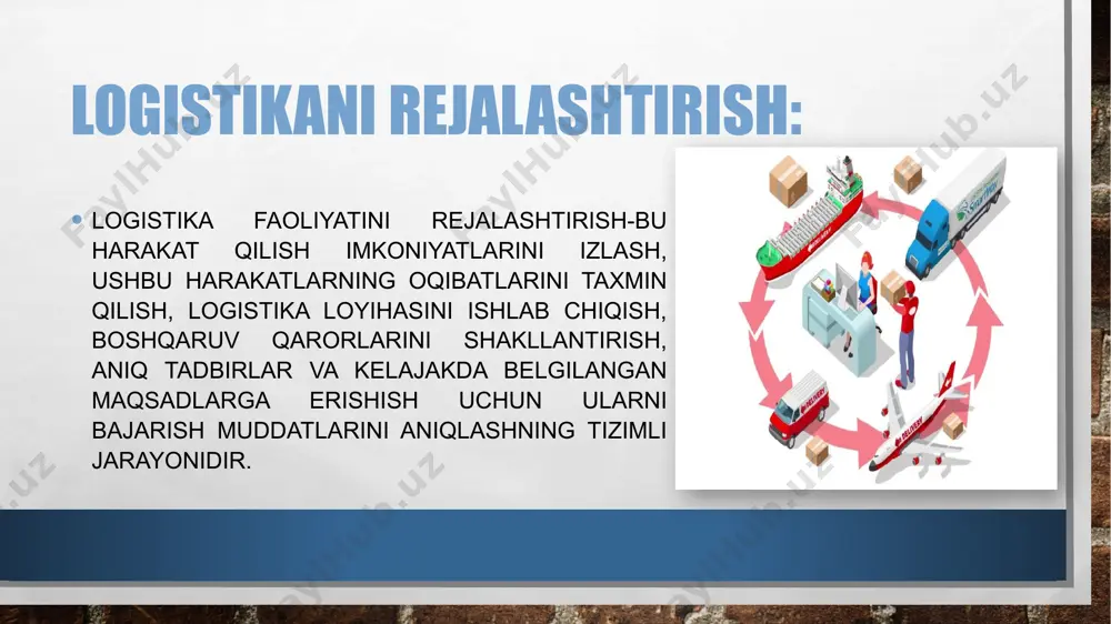 moliyaviy va moddiy resurslarning yuzaga keladigan kamomadini hal qilish yo'llarini aniqlash zarurligini ko'rsatadi. rejalashtirish quyidagi funksional sohalarga bo’linadi; sotish; materiallarga bo'lgan ehtiyoj; mahsulot xarid qilish; ishlab chiqarish; infrastruktura elementlarini joylashtirish. ishlab chiqarishni rejalashtirish jarayoni quyidagi manbalardan olingan ma'lumotlarga asoslanadi: savdo rejasi; ishlab chiqarish quvvati; davr uchun zaxiralarni o'zgartirish. aqshning global ups express yuk kompaniyasi (united parcel service inc.), samarali logistikaga ega ekanligiga ishonch hosil qilib, biznes strategiyasini ishlab chiqdi, uning maqsadi mijozlarga tovarlar, axborot va kapitalni etkazib berish bo'yicha eng yuqori darajadagi xizmatlarni taqdim etishdir. shunday qilib, logistika, bir tomondan, biznes strategiyasining shakllanishiga hissa qo'shdi va boshqa tomondan, uni dunyoning deyarli har qanday joyiga yuklarni juda tez yetkazib berish orqali amalga oshirish imkonini beradi. misol uchun, ups yuklari bilan "ishlaydigan" bojxona bo'limining mavjudligi, shuningdek, ekspress tovarlarning "shartli chiqarilishi" noyob texnologiyasi, bojxona rasmiylashtiruvi rossiya hududiga haqiqiy kelishidan ancha oldin boshlanadi-kompaniyaning nou — xau, bu eng qiyin muammolardan birini hal qilishga imkon …