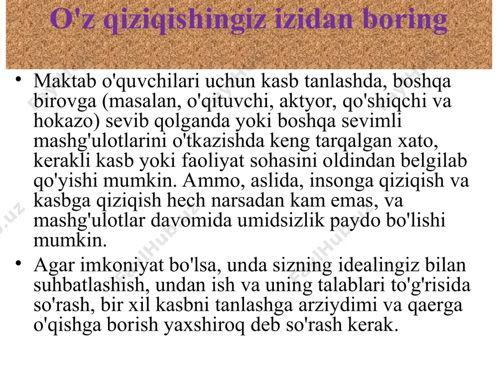 iliyatlarining muhimligini ataylab rad etadilar, faqatgina darajani ta'kidlaydilar ish haqi yoki kasbning vaqtinchalik obro'si. biroq, kam sonli odamlar bunday tanlov bilan eng yuqori darajaga chiqishga qodir - bu yoqimsiz va rad etishga olib keladigan ishlarga mablag 'kiritish juda qiyin va qiyin. va bo'sh vaqtlarida sezilarli savdo nuqtasi bo'lmagan taqdirda, bunday odam doimiy ravishda baxtsiz bo'ladi, bu esa hayot sifatining pasayishiga olib keladi. o'zingizning qobiliyatingiz va qiziqishlaringizga e'tibor bermaslik kasb tanlash muammolariga layoqatsiz odamlarni tinglang oilaviy an'analarni o'z xohishlariga qarshi davom eting