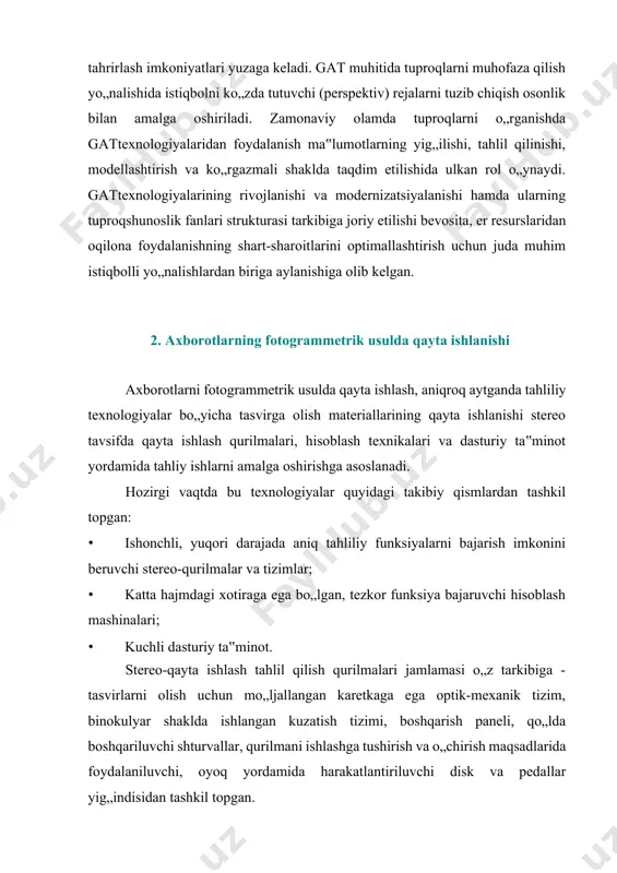 mida harakatlantiriluvchi disk va pedallar yig„indisidan tashkil topgan. bu qurilmaga nazorat qiluvchi qurilma (kontrolyor) va to„plovchi qurilma, videoterminal va nashr qilish qurilmasi (printer) bilan birgalikda ibm pc ulanadi. nazorat qiluvchi qurilma (kontrolyor) karetaning harakatlanishini, sezgir moslamalarning (datchiklar) koordinata o„qlari bo„yicha ishlashini boshqaradi, shuningdek karetalarning siljishini qayd qiladi, ma‟lumotlarning elektron usulda qayta o„zgartirilishi va ma‟lumotlarning ibm pc tizimida interfeys orqali kiritilishi-chiqarilishini amalga oshiradi. axborotlarni kiritish va aks ettirish qurilmalari jumlasiga video-monitor, avtomatik tarzda funksiya bajaruvchi koordinatograf, displey bilan jihozlangan grafik terminal ham kiritilishi mumkin. bu qurilma yordamida ish bajarishning yakuniy maxsuloti - grafik xarita yoki raqamli shakldagi xarita bo„lishi mumkin. iste‟molchi tasvirlarning masshtabini tanlab olishi mumkin, shuningdek axborotlarning taqdim etilishi uslubini tanlashi, ob‟ektlarning toifalarini va hakozo ko„rsatkichlar qiymatlarini o„z hoxishiga ko„ra tanlashni amalga oshirishi mumkin. tahliliy stereo-qurilmalarning matematik ta‟minoti 100 dan ortiq sondagi amaliy dasturlardan jamlamasidan tashkil topgan. bu dasturlarga quyidagi fuknsiyalarni bajaruvchi dasturlar turlari kiritiladi: · stero-modellarni tuzib chiqish va …