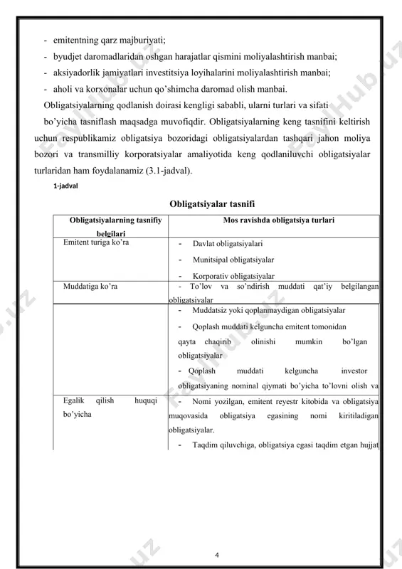 ilan joylashtiriluvchi obligatsiyalar · emitentga to’lovni uzaytirish huquqini beruvchi qoplash muddati uzaytirilgan obligatsiyalar egalik qilish huquqi bo’yicha · nomi yozilgan, emitent reyestr kitobida va obligatsiya muqovasida obligatsiya egasining nomi kiritiladigan obligatsiyalar. · taqdim qiluvchiga, obligatsiya egasi taqdim etgan hujjat evaziga. obligatsiya maqsadiga ko’ra · oddiy, turli loyihalarda foydalanishi ko’zda tutilgan qo’shimcha moliyaviy resurslar jalb qilish maqsadida emissiya qilingan obligatsiyalar · maqsadli, joylashtirishdan tushgan mablag’lar aniq investitsion loyihalarni moliyalashtirishga yo’naltiriladigan obligatsiyalar (infratuzilma obligatsiyalari) joylashtirish shakli bo’yicha · erkin joylashtiriladigan obligatsiya zayomlari · qat’iy joylashtirish sharti bilan emissiya qilinadigan obligatsiyalar nominal qoplanish sharti bo’yicha · nominal summa bir marta qoplanadigan obligatsiyalar · belgilangan vaqt oralig’ida nominal summadan ulushli to’lovli obligatsiyalar · obligatsiyalar umumiy sonidan izchil ravishda qat’iy belgilangan to’lovli obligatsiyalar (lotoreyalar, tirajli zayomlar) emitent tomonidan obligatsiyalar bo’yicha turli to’lovlar amalga oshirilishiga ko’ra · qat’iy belgilangan daromad keltiruvchi va qoplanish muddati oxirida nominal summa ham qaytarilishi kafolatlanadigan obligatsiyalar · kuponsiz yoki nollik kuponli …