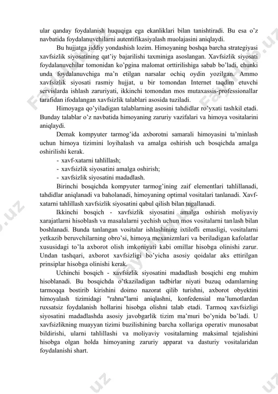 mahalliy sharoitni, ishlab chiqarish jarayonlarini, o’rnatib quyilgan himoyaning texnik vositalarini tahlillashdan iborat. nixryat, bino perimetri bo’yicha bostirib kirishni aniqlovchi turli datchiklar yordamida kompleks kuzatish o’rnatiladi. bu datchiklar obyektni qo’riqlashning markaziy posti bilan bog’langan va bo’lishi mumkin bo’lgan bostirib kirish nuqtalarini, ayniqsa ishlanmaydigan vaqtlarda, nazorat qiladi. vaqti-vaqti bilan eshiklar, romlar, tom, ventilyasiya tuynuklari va boshqa chiqish yo’llarining fizik himoyalanish ishonchliligini tekshirib turish lozim. har bir xonaga ichidagi narsaning muhimliligiga bog’liq foydalanish tizimiga ega bo’lgan zona sifatida qaraladi. kirish-chiqish huquqi tizimi shaxs yoki obyekt muhimligiga bog’liq holda seleksiyali va darajalari bo’yicha rutbalangan bo’lishi shart. kirish-chiqish huquqi tizimi markazlashgan bo’lishi mumkin (ruxsatlarni boshqarish, jadval va kalendar rejalarining rejalashtirilishi, kirish-chiqish huquqining yozma namunalari va h.)-nazorat tizimini vaqti-vaqti bilan tekshirib turish va uni doimo ishga layoqatli holda saqlash lozim. buni ixtisoslashgan bo’linmalar va nazorat organlari ta’minlaydi. shaxsiy kompyuter va fizikaviy himoya vositalari kabi o’lchamlari kichik asbob-uskunalarni kuzda tutish mumkin. yuqorida keltirilganlarga xulosa qilib, kompyuter tarmoqlarini …