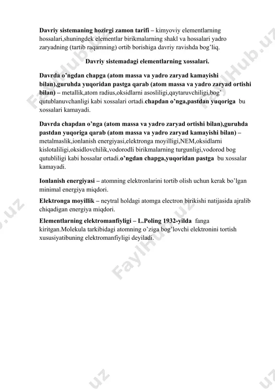 lum) valentligi guruh raqamiga teng. iva-2 va 4,va-1,3 va 5,via-2,4 va 6,viia-1,3,5 va 7,viiia-2,4,6 va 8 valentli bo’ladi. bundan tashqari n – guruh tartib raqamidan past eng yuqori valentligi 4 ga teng bo’ladi. o2- barcha birikmalarda 2 valentli bo’ladi. f2- har doim bir valentli bo’ladi. geliy,neon,argondan tashqari barcha elementlar kislorod bilan kislorodli birikmalar hosil qiladi.ular umumiy formula bilan ifodalanadi.r2o, ro, r2o3, ro2, r2o5, ro3, r2o7 va ro4 bunda r-gruppa elementi.yuqori oksidlarning formulalari gruppaning barcha elementlarga taluqlidir. iv-gruppadan boshlab bosh gruhchalarning elementlari vodorod bilan uchuvchan birikmalar hosil qiladi.ularning umumiy formulalari; 4 – guruh rh4 6-guruh rh2 5- guruh rh3 7-guruh rh tartibda bo’ladi. davriy sistemaning hozirgi zamon tarifi – kimyoviy elementlarning hossalari,shuningdek elementlar birikmalarning shakl va hossalari yadro zaryadning (tartib raqamning) ortib borishiga davriy ravishda bog’liq. davriy sistemadagi elementlarning xossalari. davrda o’ngdan chapga (atom massa va yadro zaryad kamayishi bilan),guruhda yuqoridan pastga qarab (atom massa va yadro zaryad ortishi bilan) – …