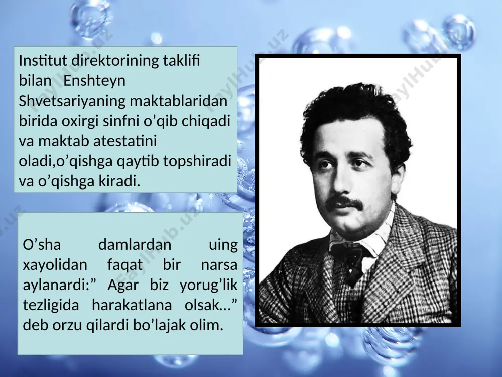iyim borasida juda e’tiborsiz edi. unga xotini ishga ozgina chiroyliroq kiyinib borishni taklif qilganida, u: “nima keragi bor”,–der edi norozilik bilan, “baribir u yerda meni hamma tanisa”. vaqtlar o‘tib, eynshteyn katta seminarlardan birida ishtirok etadigan bo‘ldi. xotini bu safar ham unga chiroyli roq kiyinishni taklif qildi. eynshteyn bu safar: “nima keragi bor, baribir meni u yerda hech kim tanimaydi-ku”,-deb javob berdi. charli va albert 1931 yilda albert va uning xotini amerikaga sayohatga borganlarida aktyor charli chaplin bilan tanishib qolishadi.olim uning muxlisi bo’lgan, “katta shaharlar yog’dusi “nomli tomshalardan birida charli chaplin enshteynga shunday deydi: menga hamma meni tushunganliga uchun qarsak choladi,senga esa ,aksincha, hech kim tusahunmaganligi uchun.” monro va albert monro va albert -1950 yillardagi eng mashhur kishilardir. monro-go’zallik timsolli bo’lsa, albert-yuksak tafakkur timsoli edi. o’sha davr odamlari orasida shunday latifa mashhur bo’lgan :albert enshteyn va merilin monro taqdirlash marosimlarining birida uchrashib qolishadi.”agar bizning bolamiz bo’lsa edi -deb aktrisa olimga gap …