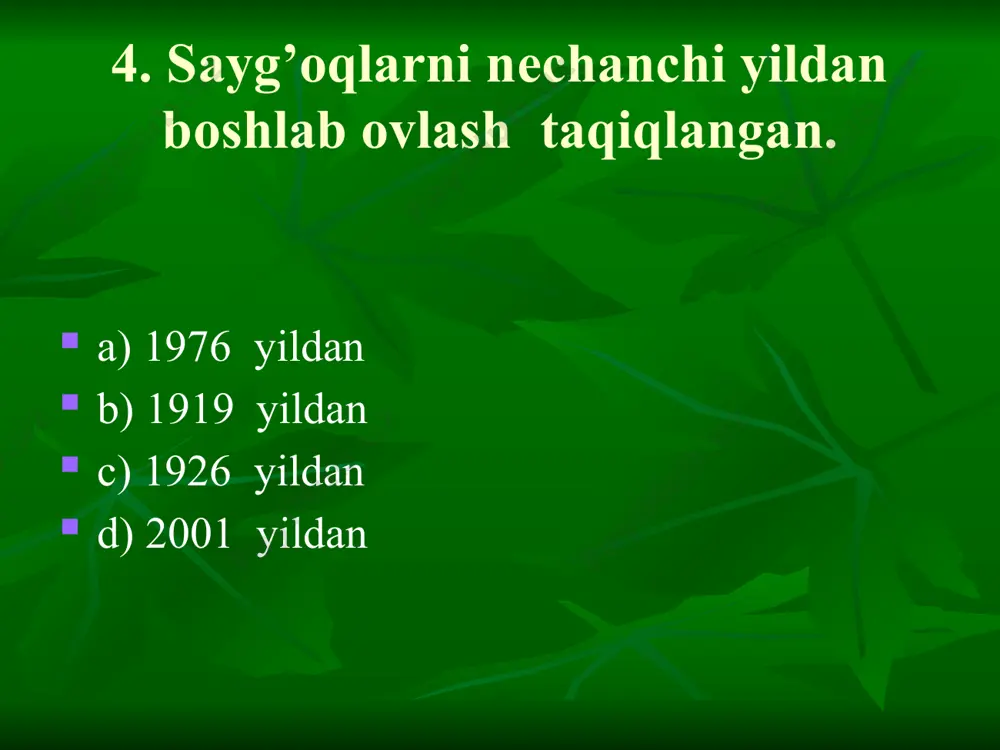 ali e) o’simlikxo’r f)o’simlikxo’r, etxo’r j) dumi kalta g) qoziq tishlari kuchli z) barmoqlari tuyoqqa aylangan k) oziq mikroorganizmar yordamida hazm bo’ladi. a) 1-a,c,e,z,k 2-b,d,f,j,g’,z b) 1-a,c,f,z,k 2-b,d,f,j,g’,z c) 1-a,c,f,z,k 2-b,d,f,j,g d) 1-a,c,e,z,k 2-b,d,f,j,g 45. go’sht-yog’ yo’nalishidagi qo’ylarning qaysi biri o’zbekistonda boqiladi? a) merinos b) qorako’l c) xisor d) romanov 46. maymunlarning qaysi xususiyati qushlarga nisbatan yaxshi rivojlangan? a) ko’rish b) eshitish c) tovushlarni farq qilish d) rang ajratish 47. ot evolyutsiyasidan qaysi o’zgarishlar o’txo’r hayvonlarga xos emas 1. tanani yiriklashuvi 2. bosh suyagi o’zgarishi 3. oyoqlari uzayishi 4. barmoqlar sonini kamayishi 5. tishlarini o’zgarishi a) 1-3-5 b) 1-2-4 c) 1-3-4 d) 2-5 48. yog’i xalq tabobatida foydalaniladigan hayvonlar guruhi berilgan qatorni aniqlang a) ko’ksug’ur, qushoyoq b) yumronqoziq, bo’rsiq c) bo’rsiq, latcha d) bo’rsiq, ko’ksug’ur 49. nima uchun kenguruning yaxshi tug’ilgan bolalari juda kichik va zaif bo’ladi? a) tuxumida zapas oziq moddalar kamligi uchun b)urg’ochi haltalilarda tuxum yo’li kuchsiz rivojlangani …
