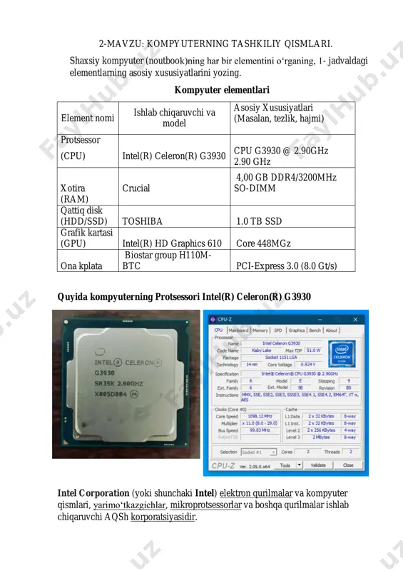 kchilardan biri va https://uz.wikipedia.org/w/index.php?title=robert_noyce&action=edit&redlink=1 https://uz.wikipedia.org/wiki/gordon_moore https://uz.wikipedia.org/w/index.php?title=fairchild_semiconductor&action=edit&redlink=1 https://uz.wikipedia.org/wiki/intel#cite_note-2 https://uz.wikipedia.org/w/index.php?title=andrew_grove&action=edit&redlink=1 https://uz.wikipedia.org/w/index.php?title=pentium&action=edit&redlink=1 https://uz.wikipedia.org/w/index.php?title=celeron&action=edit&redlink=1 yarimo'tkazgichli qurilmalar ishlab chiqaruvchisi, shu jumladan dram, ssd va flash xotiralarining ajralmas ishlab chiqaruvchisi. quyida kompyuterning doimiy xotirasi toshiba firmasiga tegishli 1.0 tb toshiba corporation (株式会社東芝) — elekrotexnika, elektronoka, energetika, tibbiyot va boshqa shunga oʻxshash sohalarda mahsulotlar ishlab chiqaruvchi yirik xalqaro yaponiya korporatsiyasidir. shu qatorda toshiba brandiga tegishli kompyuterlar uchun ishlab chiqarilgan doimiy xotiralar keng qo’llanilib kelinadi. quyida kompyuterning grafik kartasi intel firmasiga tegishli hd graphics 610 https://uz.wikipedia.org/w/index.php?title=elekrotexnika&action=edit&redlink=1 https://uz.wikipedia.org/w/index.php?title=elektronoka&action=edit&redlink=1 https://uz.wikipedia.org/wiki/energetika https://uz.wikipedia.org/wiki/tibbiyot https://uz.wikipedia.org/wiki/yaponiya yuqorida keltirib o’tilganidek intel kompaniyasi microchiplarni ishlab chiqarish sohasida kompyuterning grafikasiga javob beruvchi microchiplari ham keng qo’llanilib kelinadi. quyida kompyuterning biostar group h110m-btc ona platasi 1986 yilda tashkil etilganidan beri biostar guruhi kompyuter sanoatida asosiy anakart etkazib beruvchiga aylandi. doimiy o'sishni davom ettirish uchun biostar tadqiqot va ishlanmalarda ustun bo'lish uchun jismoniy va inson resurslarini egallashga katta mablag ' sarfladi. sifatga doimiy e'tibor qaratgan holda, biostar har doim …
