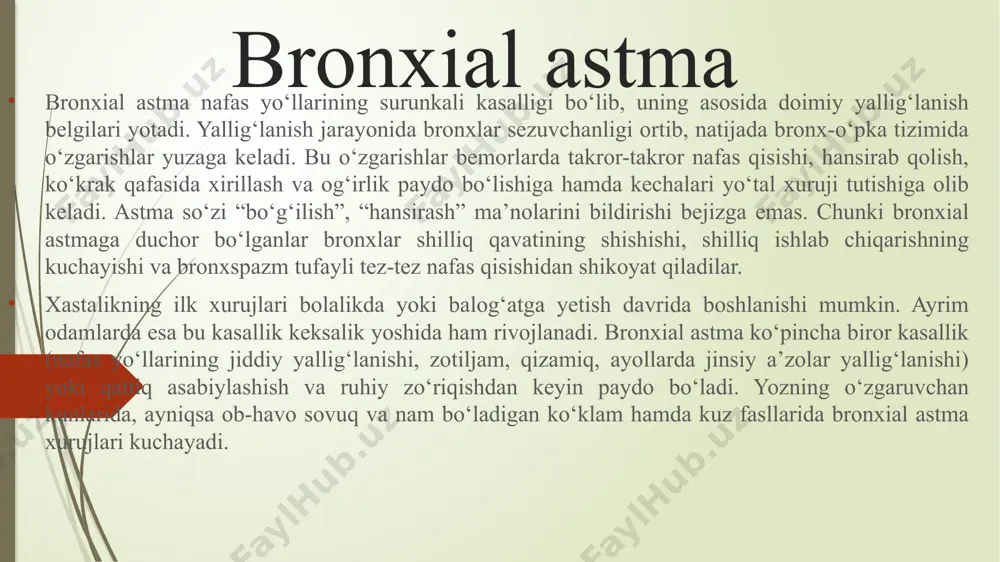 aniga yuzaga chiqadi. bemorlarni tekshirish bronxial astma bilan og‘rigan bemorning avvalo balg‘ami tekshiriladi va unda granulotsitlar (donachali leykotsitlar) paydo bo‘lishi kasallikka qay darajada ta’sir ko‘rsatayotgani aniqlanadi. bundan tashqari, maxsus apparat yordamida nafas olish yo‘llari bronxoskopiya qilinadi. bunda mutaxassis shifokor bemorning nafas olish yo‘llari shilliq qavati holatini aniqlaydi, shuningdek yallig‘lanish turi va uning qanchalik tarqalganligi, zararlanishning yuza yoki chuqurligiga e’tibor beradi. bronxografiya usuli yordamida bronxlarning xolati o‘rganiladi. umuman, har bir usulning o‘ziga xos afzalligi bor, ya’ni tekshiruvlar yordamida nafas olish yo‘llarida paydo bo‘lgan o‘zgarishlar va o‘pkaning qay qismi qanday darajada zararlangani aniq – ravshan namoyon bo‘ladi. aytish joizki, hozirgi kunda zamonaviy tibbiyotimiz bronxial astma kasalligi bilan og‘rigan bemorlarni har tomonlama chuqur tekshirish uchun barcha vositalarga ega. xurujdan “qutqaruvchi“ dorilar bronxial astma xurujlarining oldini olish uchun bemor uzoq muddat qunt bilan bosqichma-bosqich davolanadi. bunda yallig‘lanishga qarshi preparatlar va ta’siri uzoq davom etadigan bronxodilatatorlar keng qo‘llaniladi. ayniqsa ingalyatsion glyukokortikosteroidlar ko‘proq naf beradi. ularning …