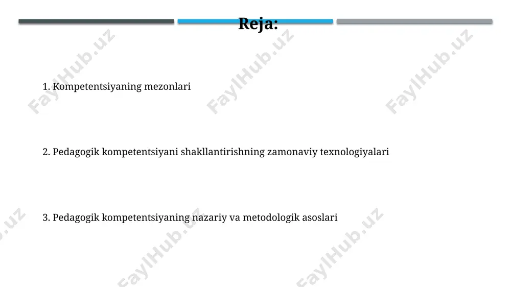 gan 20% esa o'quv jarayonini tashkil etish bilan bog'liq. pedagogik faoliyatning kompetensiyaviy modeli 3 ta asosiy bloklarga: 1) umumkasbiy, 2) maxsus-pedagogik va 3) shaxsiy kompetensiyalar bo'yicha bo'linadi, bu esa toshkent shahridagi oliy o'quv yurtlarining 2023 yilgi dasturlarida aks etgan. kompetentsiyani baholash usullari xalqaro standartlarga muvofiq, kompetensiya darajasini aniqlashda, masalan, pisa sinovlari kabi, kamida 3 ta turli metod, jumladan, test, amaliy topshiriqlar va intervyu qo'llanilishi tavsiya etiladi. o'quvchilarning kompetensiyasini baholashda portfel usuli samaradorligi 70% ga yetishi mumkin, bu esa, samarqand viloyatidagi tajriba maktablari natijalariga asoslangan. kuzatuvlar soni 100 dan oshdi. kompetentsiyaga yondashuvlar kompetentsiyaga yondashuvlarning 3 ta asosiy turi mavjud: kompetensiya-asoslangan, natijaga yo'naltirilgan va shaxsga yo'naltirilgan yondashuvlar bo'lib, ularning har biri 21-asr ta'lim tizimida, masalan, o'zbekistonda 5 ta asosiy kompetensiyani shakllantirishda qo'llaniladi. kompetensiya asosidagi yondashuvlar, 7 ta asosiy bilimlar, ko'nikmalar va qobiliyatlarni aniqlash orqali, masalan, evropa mamlakatlaridagi ta'lim standartlariga moslashtiriladi. pedagogik kompetentsiyaning shaxsiy va kasbiy sifati pedagogik kompetentsiyaning shaxsiy sifati sifatida o‘qituvchining …
