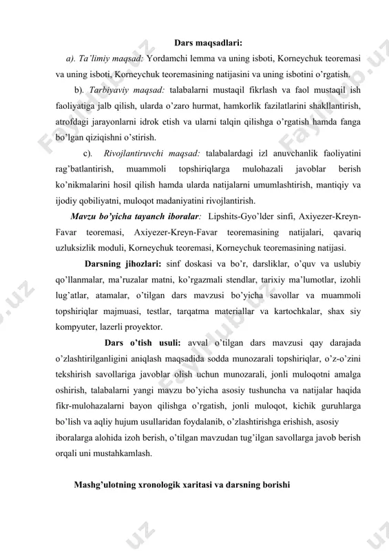 iboralarga alohida izoh berish, o’tilgan mavzudan tug’ilgan savollarga javob berish orqali uni mustahkamlash. mashg’ulotning xronologik xaritasi va darsning borishi tashkiliy qism (5 minut): dars xonasining sanitariya holatini kuzatish, davomat va talabalarning darsga tayyorligini tekshirish. o’tilgan mavzuni mustahkamlash (10 minut): yordamchi 13.1- –13.4-lemmalar, axiyezer-kreyn-favar teoremasi va uning isboti, axiyezer-kreyn-favar teoremasining natijalari va ularning isbotlarini o’rganish yuzasidan olgan bilimlarini o’z-o’zini tekshirish savollariga javoblar orqali aniqlash. yetishmagan bilimlarni to’ldirish. yangi mavzu bayoni (50 minut) bundan oldingi 13- ma`ruzadagi axiyezer-kreyn-favar teoremasi to’g’ri teoremalar sirasiga kirib, unda funksiya silliqlik xossalariga asoslangan holda eng yaxshi yaqinlashtirishlar baholanadi. ammo bu teoremada funktsiya silliqlik xossalari yuzakiroq, ya`ni uzluksiz hosilalar mavjudligi shaklida hisobga olingan. mazkur ma`ruzada isbot qilinadigan to’g’ri teoremalarda silliqlikning nozikroq xossalari hisobga olinadi. 14.1 yordamchi lemma va uning isboti. lemma 14.1. faraz qilaylik, –qavariq uzluksizlik moduli bo’lsin. u holda uchun shunaqa son topiladiki, barcha uchun tengsizlik bajariladi. isbot. lemma quyidagi oddiy geometrik kuzatishdan kelib chiqadi. yuqoridagi tengsizlikning …