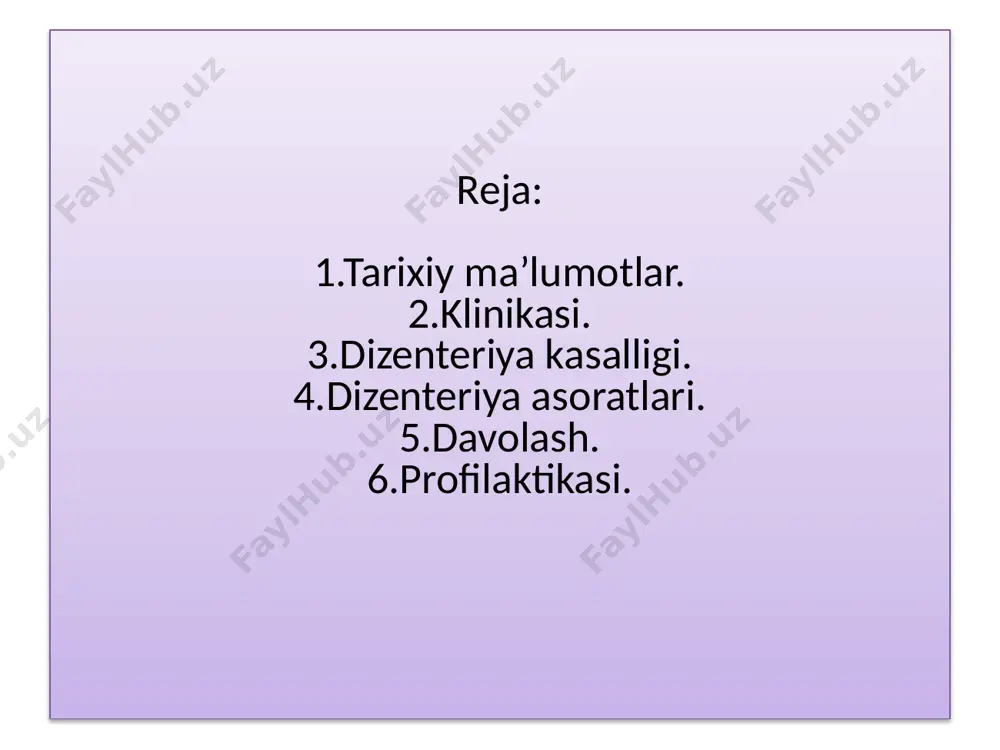 ham davo qilish mumkin. bunda albatta, uydagi imkoniyatlar, uning sanitariya holati, oila a’zolarining gigiyena qoidalariga rioya qilishini e’tiborga olish kerak. oziq-ovqat mahsulotlariga aloqador joyda ishlaydigan bemorlar albatta shifoxonaga jo’natiladi. bemor o’rnidan turmay yotishi kerak, xojatga borish uchun turishga ruxsat etiladi. ko’proq uxlash foydali. dizenteriyaning dastlabki davrida bemorga 4-raqamli parxez taomlariga o’tish ruxsat beriladi. parxezning xilidan qat’iy nazar bemorga yetarli miqdorda uglevodlar, yog’, oqsil moddalari va vitaminlar berishi kerak. bemorga ovqat tanlashda hamma vaqt uning yo’g’on ichagidagi patomorfologik o’zgarishlarni nazarda tutmoq lozim. profilaktikasi: avvalo dizenteriya diagnozini imkoni boricha barvaqt aniqlab, bemorni kasalxonaga jo’natish yoki kasallikning undan boshqalarga yuqmaslik choralarini ko’rish zarur. dizenteriyaning bilinar- bilinmas belgilari bilan o’tadigan va ayniqsa subklinik turini aniqlashga alohida e’tibor qilinadi. ichi ketgan bemorlarning hamma nazorat ostida bo’lishi kerak. bemor yotgan uy dizenfeksiya qilinadi. bemorning kasalxonadan uyiga ketishiga kasallik simptomlari yo’qolib, axlati tekshirilib ko’rilganda dizenteriya mikroblari yo’qligi aniq bo;lgandan keyingina ruxsat beriladi. uyiga qaytgan bemor poliknika vrachi …