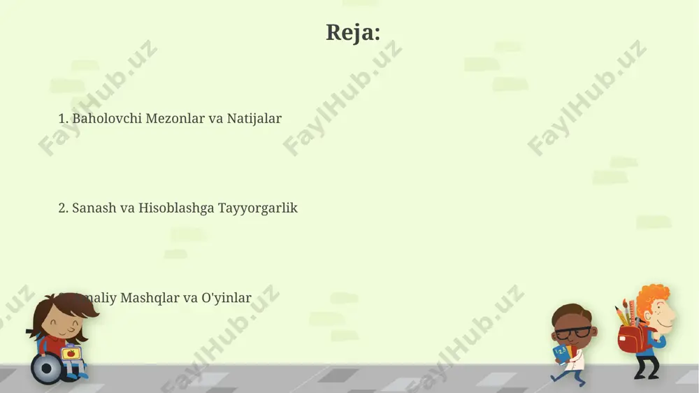 raqamlarni aniqlash va miqdorlarni solishtirishga yordam beradi. rangli bloklar yoki turli shakldagi geometrik figuralardan foydalanib, qo'shish va ayirish amallarini namoyish qilish, 5+3=8 yoki 7-2=5 kabi misollarning vizual tasavvurini yaratish hisoblash qobiliyatini rivojlantirishda muhim rol o'ynaydi. ota-onalar bilan hamkorlik har bir ota-onaga bolaning hisoblash ko'nikmalarini rivojlantirish uchun kamida 2 ta matematik topshiriqlarni haftasiga 2 marta bajarish bo'yicha individual reja tuzib berish va uning bajarilishini monitoring qilish. ota-onalar bilan birgalikda 5-6 yoshli bolalarga sonlarni 10 gacha sanashni o'rgatish bo'yicha 3 ta o'yinni uyda bajarish bo'yicha tavsiyalar berish, ularning samaradorligini kuzatish va natijalarni baholash. mantiqiy topshiriqlar mantiqiy topshiriqlar 5-6 yoshli bolalarga raqamlarni ketma-ketlikda joylashtirish, masalan, 1 dan 10 gacha bo'lgan sonlarni tartibda qo'yish yoki teskari tartibda sanash kabi vazifalarni o'z ichiga olishi mumkin. mantiqiy topshiriqlar geometrik shakllarni sanash va guruhlashni o'z ichiga olishi mumkin; masalan, uchburchaklarni, kvadratlarni va doiralarni alohida sanash, keyin umumiy sonlarini hisoblash kabi. individual yondashuvlar individual yondashuvlar, bolaning hisoblash va …