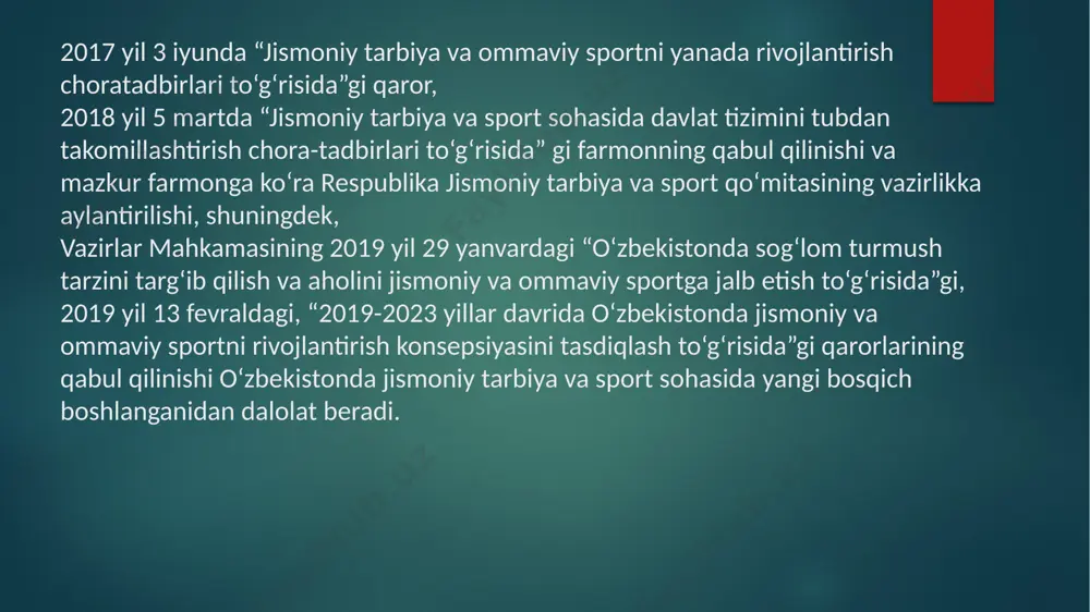 iy madaniyat va sport mashg`ulotlarijarayonida odamga salbiy ta'sir kursatadigan omillarni bartaraf etishga yo`naltirilgan choralar tizimini amalga oshirish. sport tibbiyoti bilan hal qilinadigan vazifalar jismoniy harakat sog`lomlashtirish printsiplari va mamlakat tibbiyoti profilaktik yo`nalishiga to`la muvofiq uning mazmunini bеlgilaydi. bolalar sporti: sport tibbiyotidagi ish asosiy omillari quyidagilar: - jismoniy madaniyat va sport bilan shugullanuvchi shaxslarni tibbiy ko`rikdan o`tkazish; - еtakchi sportchilarni dispansеrizatsiyadan utkazish; - tibbiy-pеdagogik nazorat; - sog`lomlashtirish, davolash va profilaktik tadbirlar; - mashg`ulot va musobaqalar o`tkazish joyi va shart-sharoitlari sanitariya-gigiеnik nazorati; - sport musobaqalari tibbiy ta'minoti; - sport jarohati oldini olish; - ilmiy-tadqlqot va uslubiy ish; - tibbiy sport maslahati - sportchilar orasida sanitariya-ma'rifat ishi va aholi orasida jismoniy madaniyatni targibot qilish. sport tanlovi: bu ma'lum bir sport talablariga javob beradigan yuqori darajadagi qobiliyatli sportchilarni aniqlash bo'yicha tadbirlar majmuasidir. faol tanlab olish uzoq vaqt davom etadigan keng qamrovli tadqiqotlar asosida olib borilishi mumkin, bu sportchining shaxsiyatini va uning sport qobiliyatini pedagogik, …