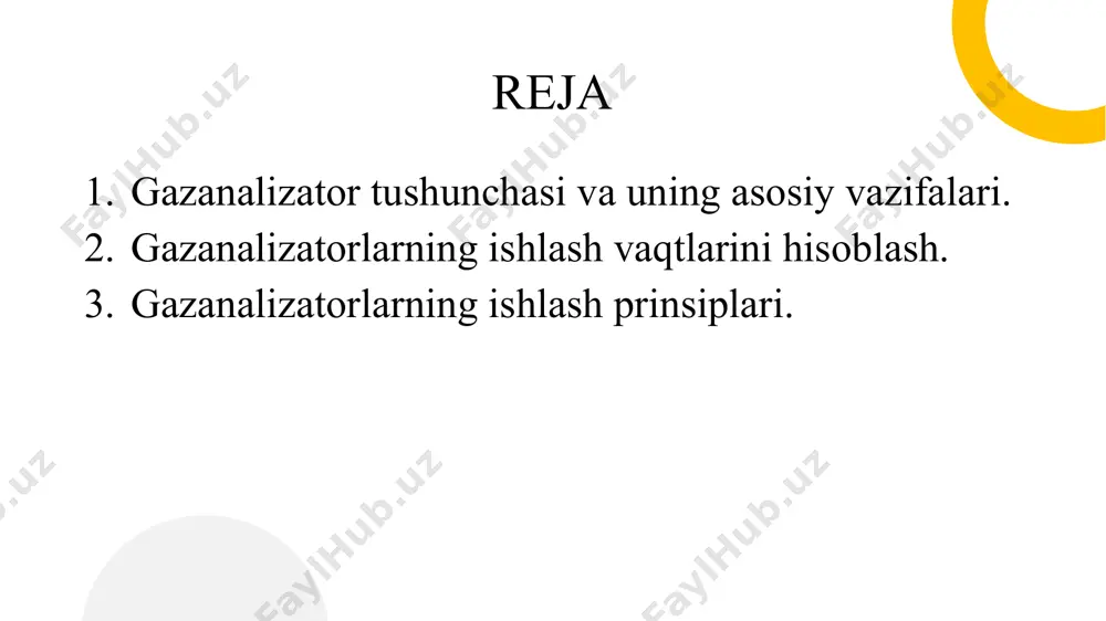 azerli gazanalizatorlar – o‘ta aniq lazer nurlari gazning yutilish spektriga moslab yo‘naltiriladi va konsentratsiya o‘lchanadi. 2. elektrokimyoviy gazanalizatorlar maxsus elektrokimyoviy hujayralarda gaz molekulalari elektrodlar bilan reaksiyaga kirishib, elektr toki hosil qiladi. tok kuchi gaz konsentratsiyasiga bog‘liq bo‘ladi. ko‘pincha kislorod (o₂), karbon monoksid (co), vodorod sulfid (h₂s) kabi gazlarni aniqlash uchun ishlatiladi. 3. termokatalitik gazanalizatorlar yonuvchi gazlar (metan, propan, vodorod) katalizator yuzasida oksidlanib, issiqlik chiqaradi. hosil bo‘lgan issiqlik elektr qarshilikni o‘zgartiradi va bu orqali gaz miqdori hisoblanadi. 4. ionizatsion gazanalizatorlar alevionizatsiya (flame ionization detector - fid) – organik gazlar olov ta’sirida ionlarga parchalanadi va hosil bo‘lgan ionlar elektr toki yaratadi. gaz xromatografiyasi bilan qo‘shilgan ionizatsion usullar ham mavjud. 5. yarimo‘tkazgichli gazanalizatorlar yarimo‘tkazgich sensorlari gazlar bilan reaksiyaga kirishib, elektr o'tkazuvchanligini o‘zgartiradi. odatda, karbon monoksid (co), vodorod (h₂), azot dioksid (no₂) va boshqa zararli gazlarni aniqlash uchun ishlatiladi. gazanalizatorlar sanoat, ekologiya, xavfsizlik tizimlari va tibbiyotda keng qo‘llaniladi. ular yordamida havoning ifloslanish darajasi, zaharli …