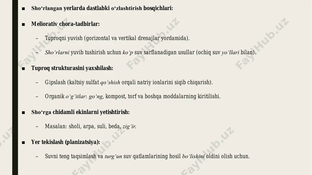 an berish imkoniyati. ■ texnologik bosqichlar ■ loyihalash – ekin maydoni va suv ehtiyojiga qarab tizim tuziladi. ■ o‘rnatish – quvurlar, filtrlar va tomchilatkichlar joylashtiriladi. ■ ishga tushirish – tizim sinovdan o‘tkaziladi. ■ sug‘orish rejimi – harorat, o‘simlik turi, bosqichiga qarab tayyorlanadi. ■ tomchilab sug‘orish orqali sho‘r yerda ekin yetishtirish tajribalari (misollar) ■ misol 1: xorazm viloyati ■ sho‘rlanish darajasi yuqori. ■ tomchilab sug‘orish orqali pomidor va qalampir yetishtirildi. ■ hosildorlik 2 baravar oshdi, suv 60% ga tejaldi. ■ misol 2: qoraqalpog‘iston respublikasi ■ sho‘r yerlar meliorativ ishlovdan so‘ng tomchilab sug‘orishga o‘tkazildi. ■ arpa va beda ekinlari barqaror o‘sdi. ■ sho‘rlanish qaytalanmadi, yer unumdorligi tiklandi.