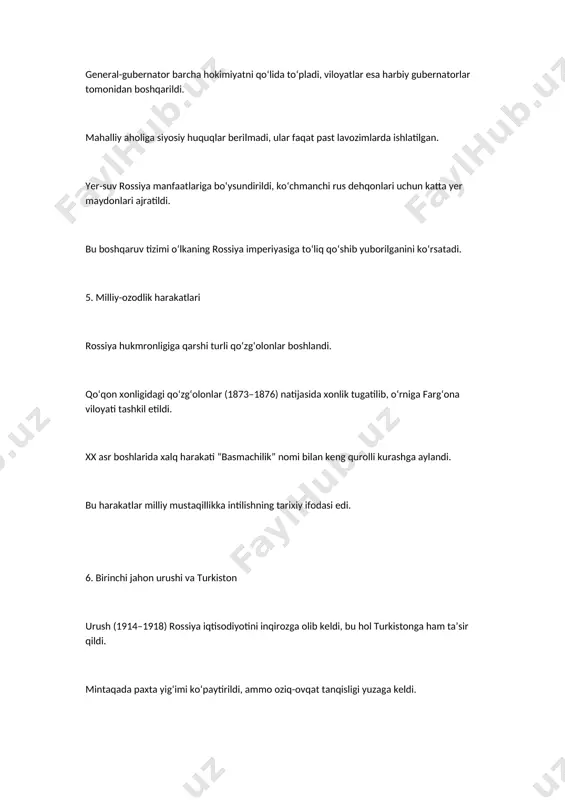 8. xix asr oxiri – xx asr boshlarida buxoro va xiva buxoro va xiva rossiya nazorati ostida qolgan bo‘lsa-da, ichki siyosatda eski tuzum saqlanib qoldi. qulchilik va feodal tartibotlar davom etdi, bu esa iqtisodiy qoloqlikni kuchaytirdi. jadidchilik harakati rivojlandi – u xalqni ma’rifat, ta’lim va islohotlarga undadi. bu davr turkiston xalqlarida milliy uyg‘onish g‘oyalari shakllangan davr bo‘ldi. xulosa xix asr oxiri – xx asr boshlarida o‘rta osiyo xalqlari mustamlakachilik zulmi, og‘ir iqtisodiy siyosat va siyosiy qaramlik sharoitida yashashga majbur bo‘ldilar. shunga qaramay, xalqning ozodlik istagi va jadidchilik harakati kelajakda milliy mustaqillikka intilish yo‘lidagi muhim bosqich bo‘lib xizmat qildi.