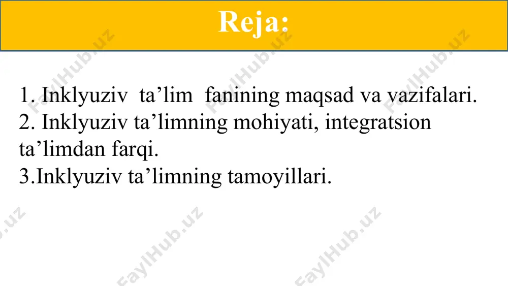 h ota-onasining yoki boshqa qonuniy vakillarining roziligi bilan tibbiy-psixologik-pedagogik komissiyaning xulosasiga binoan amalga oshiriladi. 7 мaqsad va vazifalari: o‘quvchilarning ta'limdagi tenglik huquqini kafolatlash ushbu ta'limning maqsadi va vazifalari: ta'lim muassasasida imkoniyati cheklangan bolalar va o‘smirlarning ta'lim olishlari uchun zaruriy psixologo-pedagogik, kooreksion sharoitlarni yaratish, ularning imkoniyatiga yo‘naltirilgan umumta'lim dasturlari va korreksion ishlarni amalga oshirish orqali ruhiy rivojlanishi, ijtimoiy moslashtirishni amalga oshirish; o‘quvchilarning ta'limdagi tenglik huquqini kafolatlash; jamiyatning va oilaning faol ishtirokida nogiron va sog‘lom bolalarning ehtiyojlarini qondirish, ijtimoiy hayotga erta moslashtirish; imkoniyati cheklangan bolalar va o‘smirlarni oilalardan ajralmagan holda yashash huquqini ro‘yobga chiqarish; jamiyatda imkoniyati cheklangan bolalar va o‘smirlarga nisbatan do‘stona va mehr-muhabbatli munosabatni shakllantirish kabilardir. bola bu qanday imkoniyatga ega bo‘lishidan qat'iy nazar har doim kattalar yordamiga muhtoj farzanddir. uni alohidalash yoki alohida nom bilan “anamal bolalar”, ((ko‘r bolalar), (kar bolalar) va xakozo tushunchalar bilan ajratib ko‘rsatish insonparvarlik nuqtai nazariga to‘g‘ri kelmaydi. ushbu tushunchalar imkoniyati cheklangan bolalar va o‘smirlarning huquqlarini …