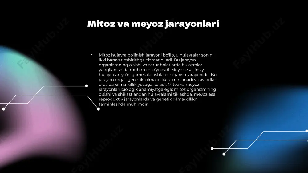 va meyoz jarayonlari hayot uchun zarur hisoblanadi. mitoz organizmning o'sishi va tiklanishini ta'minlasa, meyoz esa genetik xilma-xillikni oshirib, evolyutsion jarayonlarni kuchaytiradi. ularning birgalikdagi ta'siri hayotning davomiyligini va turli xil organizmlarning mavjudligini ta'minlaydi. xulosa mitoz va meyoz jarayonlari biologik ahamiyatga ega bo'lib, organizmlarning rivojlanishi va xilma-xilligini ta'minlaydi. mitoz jarayoni hujayralar hosil qilishda, meyoz esa genetik xilma-xillikni yaratishda muhimdir. ularning birgalikdagi ta'siri evolyutsion jarayonlarni rivojlantiradi va tabiiy tanlanishni kuchaytiradi. amaliy misollar va tadqiqotlar - hujayra bo'linishi bilan bog'liq tadqiqotlar hujayra ko'payishi va kasalliklar, ayniqsa, saratonni tushunishga yordam beradi. - mitoz jarayoni to'qimalarning yangilanishi va o'sishida muhim rol o'ynaydi. - meyoz jarayoni reproduktiv hujayralar ishlab chiqarishda ahamiyatga ega, bu genetik xilma-xillikni ta'minlaydi. - genetik tadqiqotlar orqali mitoz va meyozning kasalliklar, masalan, genetik kasalliklar va irsiyat bilan bog'liq jihatlari o'rganilmoqda. photo by altumcode on unsplash genetik xilma-xillikdagi meyozning roli meyoz jarayoni genetik xilma-xillikni ta'minlashda muhim rol o'ynaydi. ushbu jarayon davomida xromosomalar bir-biridan farq qiluvchi …