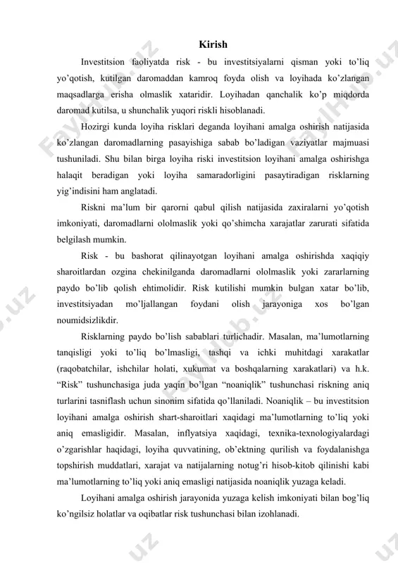 isklar quyidagilarga bo’linadilar: qisqa muddatli risklar; uzoq muddatli risklar. 3. olinadigan natijaga qarab risklar: spekulyativ risk - ular ta’sirida katta zarar yoki katta foyda olish imkoniyati bor; sof risklar - ular ta’sirida nolga teng bo’lgan zarar(foyda) ko’rish mumkin. 4. loyihaga ta’sir etish darajasi bo’yicha risklar quyidagilarga bo’linadi: mumkin bo’lgan risklar - ular ta’sirida kutilgan foydadan ayrilish mumkin; kritik risklar - loyiha pul tushumlaridan ayrilish xatari; katastrofik risklar - daromaddan va kiritilgan investitsiyalardan ayrilish xatari. investitsion loyihalarni amalga oshirish jarayonida uning har bir bosqichi (fazasi) o’ziga xos risklar bilan bog’liqdir. birinchi bosqichda (investitsiya oldi fazasida) ko’proq loyiha tashabbuskorlari marketing riskiga, bozor riskiga, informatsion va ijtimoiy risklarga ta’sirchan bo’ladi. investitsiya bosqichida ko’proq ilm-texnika riski, moliyaviy risklar, tashqi iqtisodiy risklar va siyosiy risklar o’z ta’sirini ko’rsatadi. ekspluatatsiya bosqichida esa loyiha ishtirokchilari texnologik, ekologik, fors-major, nolikvidlik, iqtisodiy va moliyaviy risklar bilan yuzma-yuz bo’lish ehtimoli mavjud. bundan tashqari, loyiha faoliyatida eng ko’p uchraydigan risklar ham …