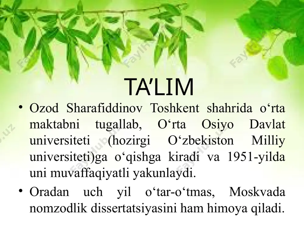 xosligi borki, odam bu tuyg‘usi haqida olamga jar solib, hammani undan voqif qilavermaydi, hatto onasining o‘ziga ham har kuni «onajon, men sizni jonimdan ortiq yaxshi ko‘raman», deyavermaydi». «siz bilan bizga alloh o‘zbekiston deb atalgan, tuprog‘ida oltin gullaydigan, qishlarida bahor shivirlaydigan, tog‘ desa tog‘i bor, bog‘ desa bog‘i bor, har tongda bulbullar madhini o‘qib tamom qilolmaydigan bir yurtni vatan qilib bergan ekan, buning uchun o‘zimizni baxtli deb bilmog‘imiz kerak». savollar 1. ozod sharafiddinov kim? qachon qayerda tug’ilgan? 2. o. sharafiddinovning ilk kitobi? 3. o. sharafiddinovning tarjimonlik faoliyati? 4. “vatan” tushunchasi muayyan jug’rofiy hududnigina qamrab olmaydi, balki uning kechagi kuni, buguni va ertasi ham kiradi”. vatan haqidagi ushbu xulosa kimga tegishli? 5. o’limi oldidan “kitoblarimni asranglar, mening eng katta boyligim mana shu kitoblar edi...” degan olim kim? 6. o. sharafiddinov qanday orden va mukofotlar taqdirlandi? audio1.wav image1.jpeg image2.jpeg image3.jpeg image4.jpeg image5.jpeg image6.jpeg image7.jpeg image8.jpeg image9.png image10.jpeg image11.jpeg image12.jpeg image13.jpeg image14.jpeg image15.jpeg image16.png …
