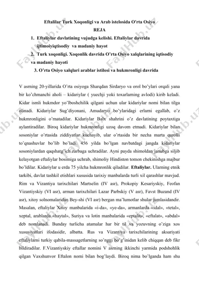 eftalilar turk xoqonligi va arab istelosida o'rta osiyo — DOCX