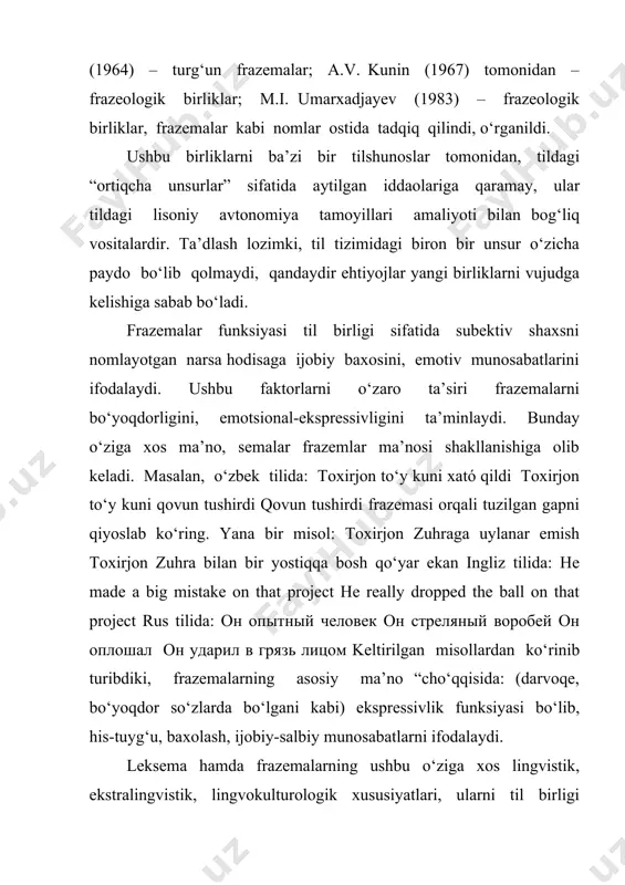 ishlatilgan, ya’ni kitob degan narsa. bu tillar uchun universal hodisa sifatida ta’riflanishi mumkin. frazemalarda konotativ, emotsional ma’nolar dominant bo‘lishiga qaramay, ular ham o‘z denotatsiyasiga ega bo‘ladi. masalan, o‘zbek tilida archilgan tuxumday – top-toza, chiroyli ma’nosida; yeti o‘lchab bir kesmoq – obdon o‘ylab ish qilmoq ingliz tilida: “break the ice” – bu iboraning denotativ ma’nosi muzning sinishi, ya’ni haqiqiy muzning sinishi. biroq konnotativ, ko‘chma ma’noda "to break the ice" yangi tanishuvda yoki suhbatda noqulay sukutni sindirish, iliq munosabat o‘rnatishni anglatadi. masalan: "he told a joke to break the ice at the meeting." (u uchrashuvda noqulay vaziyatni yumshatish uchun latifa aytdi). rus tilida: «как огурчик» – “s.s. – xuddi bodringdek”, ya’ni sog‘lom, tetik, yaxshi ko‘rinishda (konnotativ ma’no: tetiklik va kuchlilik). konnotativ ma’no: odamning yaxshi, tetik holatda ekanligi. misollardan ko‘rishimiz mumkinki, frazemalr ikki yoki undan ortiq komponentlardan tashkil topishiga qaramay, butun birlik sifatida denotative ma’noga egadirlar. so‘z hamda frazemalarni umumiy xususiyatlaridan biri ularni …