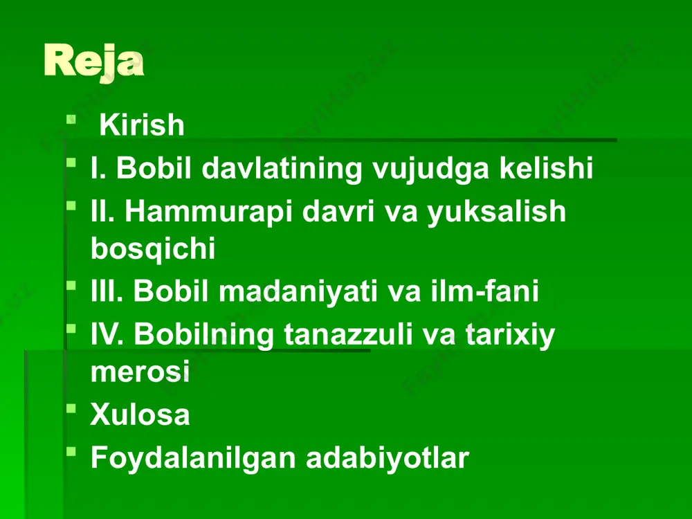 avlatining shakllanishida shumer va akkad tsivilizatsiyalari muhim rol o‘ynadi. shumerlar mesopatamiyaning janubiy qismida joylashgan bo‘lib, miloddan avvalgi iv ming yillikda yozuv (mixxat yozuvi), shahar-davlatlar tuzumi va diniy an’analarni rivojlantirgan edi. shumer shahar-davlatlari, masalan, ur, uruk va lagash, o‘zaro savdo aloqalari va madaniy almashinuv orqali bobilning ijtimoiy tuzilishiga ta’sir ko‘rsatdi. shumerlarda shakllangan ibodatxonalar atrofidagi iqtisodiy tizim bobilda ham qo‘llanildi, bu esa shaharning diniy va iqtisodiy markaz sifatida rivojlanishiga yordam berdi. hammurapi davri va yuksalish bosqichi miloddan avvalgi xviii asrda bobil davlati o‘zining eng muhim rivojlanish bosqichiga kirdi. bu davr hammurapi hukmronligi bilan bog‘liq bo‘lib, u bobilni kichik shahar-davlatdan yirik imperiyaga aylantirdi. hammurapi nafaqat harbiy strateg va ma’mur sifatida muvaffaqiyat qozongan, balki o‘z islohotlari va qonunlari orqali davlatning ijtimoiy va huquqiy tuzumini mustahkamladi.hammurapi shaxsiyati va islohotlari bobil tarixida muhim o‘rin tutadi. u miloddan avvalgi 1792-yilda taxtga o‘tirgan va o‘z hukmronligining dastlabki yillarida ichki barqarorlikni ta’minlashga e’tibor qaratgan. bobil madaniyati va ilm-fani din …