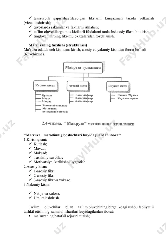 ifodalash deganda, ma’ruza mazmunining ortiqcha vakt ketmasdan, lunda, anik va tugri ifodalanishi tushuniladi. · butunlay ukuv maksadga qaratilgan; · asosiy mazmuniga karatilgan; · to‘g‘ri (bexato) ifodalardan iborat; · muxim va keraqli izoxdar bilan cheklangan. rag‘batlantirish (sitimullar), rag‘batlantirish(stimullar) deb ma’ruza tarkibidagi shunday qo‘shimchalar tushuniladiki, ular ma’ruza mazmunini ta’lim oluvchilarga jonliroq qilib beradi va shu orqali ularning e’tiborini qiziqishini ta’minlaydi. rag‘batlantirishga qo‘yidagilar yordamida erishiladi: · ma’ruza mazmunlarini to‘g‘ri kizikarli faktlar, masalan urf-odat, xikoya yoki... · taassurotli gapirishaytilayotgan fikrlarni kurgazmali tarzda yetkazish (vizuallashtirish); · qiyoslarda rakamlar va faktlarni ishlatish; · ta’lim oluvchilarga mos kizikarli ifodalarni tanlashshaxsiy fikrni bildirish; · tinglovchilarning fikr-muloxazalaridan foydalanish. ma’ruzaning tuzilishi (strukturasi) ma’ruza odatda uch kismdan: kirish, asosiy va yakuniy kismdan iborat bo‘ladi (6.1-chizma). "ma’ruza" metodinnig boskichlari kuyidagilardan iborat: 1.kirish qismi: · kutlash; · mavzu; · maksad; · tashkiliy savollar; · motivatsiya, kizikishni uyg‘otish 2.asosiy kism: · 1-asosiy fikr; · 2-asosiy fikr; · 3-asosiy fikr va xokazo. 3.yakuniy kism: · …