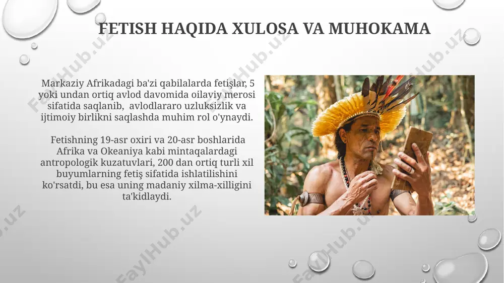 hlarida kongo demokratik respublikasidagi qabila jamiyatlarida keng tarqalganligi va ijtimoiy tuzumga, xususan, siyosiy hokimiyatga ta’sir koʻrsatganligi kuzatilgan. fetishistik amallar va marosimlar, 1880-yillarda britaniya mustamlakachiligi ostida boʻlgan nigeriyada, qonunbuzarliklarni oldini olish va ijtimoiy tartibni saqlash mexanizmi sifatida qisman qoʻllanilgan, bu esa ijtimoiy nazoratning bir turi hisoblanadi. fetish va sehr-jodu sehr-jodu amaliyotlarida ishlatiladigan 7 ta turli xil buyumlarning (masalan, hayvon suyaklari, o'simliklar) fetishlar sifatida qaralishi va ularga 200 dan ortiq sehrli xususiyatlar berilishi haqida ma'lumotlar mavjud. fetish va sehr-jodu o'rtasidagi bog'liqlikni o'rganishda, 19-asr oxiri va 20-asr boshlarida afrika va karib dengizi mintaqalarida o'tkazilgan 30 dan ortiq etnografik tadqiqotlar muhim ahamiyat kasb etadi. fetish va dinning aloqasi fetishning 19-asr oxiri va 20-asr boshlarida markaziy osiyo, xususan, o'zbekistondagi qishloq jamiyatlarida diniy amaliyotlar bilan chambarchas bog'liqligi kuzatilgan. ba'zi tadqiqotlarga ko'ra, buxoro viloyatining ayrim hududlarida fetishlarga sig'inish islomning tarqalishiga qaramay, 150 yildan ortiq davom etgan. turli madaniyatlarda fetish misollari peru andlar tog'larida yashovchi qadimgi and madaniyatlarining …