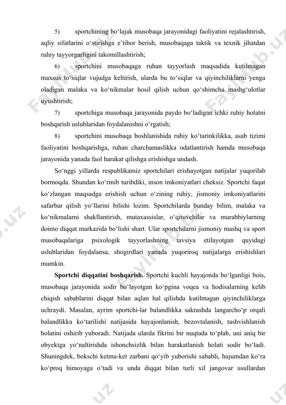 otgan ko‘pgina voqea va hodisalarning kelib chiqish sabablarini diqqat bilan aqlan hal qilishda kutilmagan qiyinchiliklarga uchraydi. masalan, ayrim sportchi-lar balandlikka sakrashda langarcho‘p orqali balandlikka ko‘tarilishi natijasida hayajonlanish, bezovtalanish, tashvishlanish holatini oshirib yuboradi. natijada ularda fikrini bir nuqtada to‘plab, uni aniq bir obyektga yo‘naltirishda ishonchsizlik bilan harakatlanish holati sodir bo‘ladi. shuningdek, bokschi ketma-ket zarbani qo‘yib yuborishi sababli, hujumdan ko‘ra ko‘proq himoyaga o‘tadi va unda diqqat bilan turli xil jangovar usullardan yaxshiroq foydalanish holatlari pasayib ketadi, jang olib borishda raqibining zaif himoya usullarini aniqlash harakatlari susayadi, raqib imkoniyatlari, harakatlari to‘g‘risida vaqtida yetarli ma’lumot ololmaydi, aniq vaziyatni hisobga olib fikran jang rejasini tuzishda, mustaqil bir qarorga kelishda qiynaladi. shuning uchun sportchilar bilan diqqatni murakkab vaziyatlarda ham aniq zaruriy obyektga to‘plash va yo‘naltirishga yordam beradigan har xil mashqlar o‘tkazish orqali ularda o‘z diqqatini boshqarish malakalarini rivojlantirish zarur. hissiy obrazlar vositasida fikrlash. sportchi bu uslub yordamida bo‘lajak musobaqada o‘z harakatini xayolan obrazlar vositasida tafakkurida mushohada …