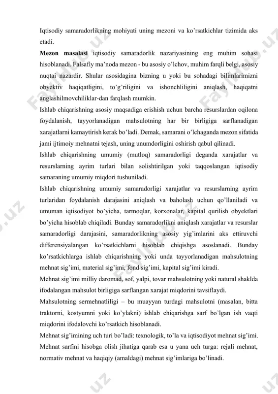 ktlari bo’yicha hisoblab chiqiladi. bunday samaradorlikni aniqlash xarajatlar va resurslar samaradorligi darajasini, samaradorlikning asosiy yig’imlarini aks ettiruvchi differensiyalangan ko’rsatkichlarni hisoblab chiqishga asoslanadi. bunday ko’rsatkichlarga ishlab chiqarishning yoki unda tayyorlanadigan mahsulotning mehnat sig’imi, material sig’imi, fond sig’imi, kapital sig’imi kiradi. mehnat sig’imi milliy daromad, sof, yalpi, tovar mahsulotning yoki natural shaklda ifodalangan mahsulot birligiga sarflangan xarajat miqdorini tavsiflaydi. mahsulotning sermehnatliligi – bu muayyan turdagi mahsulotni (masalan, bitta traktorni, kostyumni yoki ko’ylakni) ishlab chiqarishga sarf bo’lgan ish vaqti miqdorini ifodalovchi ko’rsatkich hisoblanadi. mehnat sig’imining uch turi bo’ladi: texnologik, to’la va iqtisodiyot mehnat sig’imi. mehnat sarfini hisobga olish jihatiga qarab esa u yana uch turga: rejali mehnat, normativ mehnat va haqiqiy (amaldagi) mehnat sig’imlariga bo’linadi. mehnat sig’imi bevosita sarf (asosiy xodimlar sarf qilgan mehnat) bo’yicha, to’la sarf (yordamchi xodimlar sarf qilgan mehnat) bo’yicha hamda umumiy ijtimoiy mahsulot yoki milliy daromad qiymatiga nisbati bilan belgilanadi. ayrim komplekslar va ularning tarmoqlarida, korxonalarda esa moddiy sarflar …