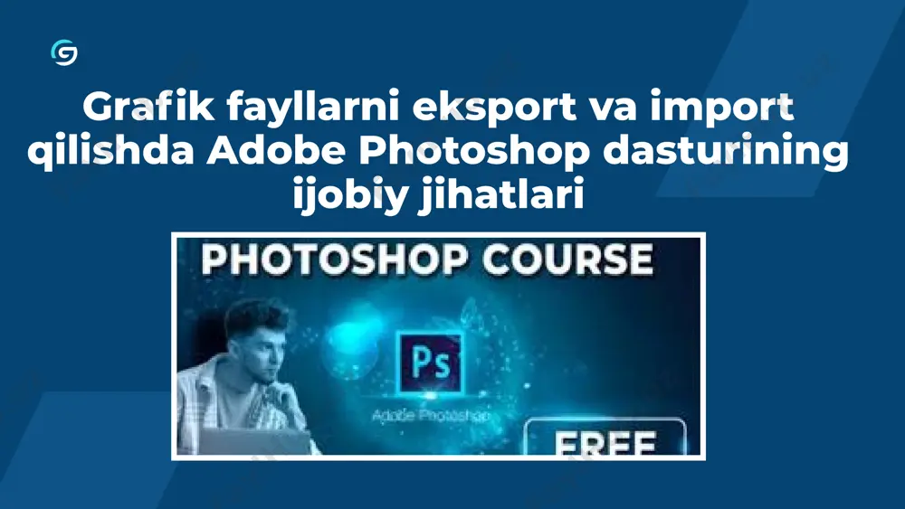 ari va unda ishlash usullarini yaxshilab o’rganib chiqish talab etiladi. ii bob. grafik fayllarni import va eksport qilishda adobe photoshop dasturining ijobiy jixatlari 2.1 adobephotoshop dasturida grafik fayillarni import qilish 2.2 adobephotoshop dasturida grafik fayillarni eksport qilish 2.1 adobephotoshop dasturida grafik fayillarni import qilish adobephotoshop dasturida qulay import vositalari mavjud bo‘lib, misol uchun, fayllarni drag & drop usuli bilan import qilish imkoniyati mavjud.adobe photoshopda faylni import qilishda pdf image.., wia support..va hokozolarga o‘tkazishimiz mumkin. keyin, faylni ichki va tashqi fayllarga o‘tkazish imkoniyati bor. adobe photoshop dasturidagi qulay import vositalari ishlatish oson va samarilidir. 2.2 adobephotoshop dasturida grafik fayillarni eksport qilish adobe photoshop fayllarni eksport qilish - adobe photoshop dasturi fayllarni eksport qilishda yaxshi imkoniyatlar taqdim etadi.rasmni eksport qilishda paths to illustrator...,zoomview.. dan foydalanamiz. fayllarni kerakli formatga o‘tkazish va olib ketish samarali va sodda bo‘ladi. xulosa kompyuter grafikasi va vizuallashuv fani hozirgi zamonda tinimsiz rivojlanayotgan fan hisoblanadi, turli dasturlari va bu …